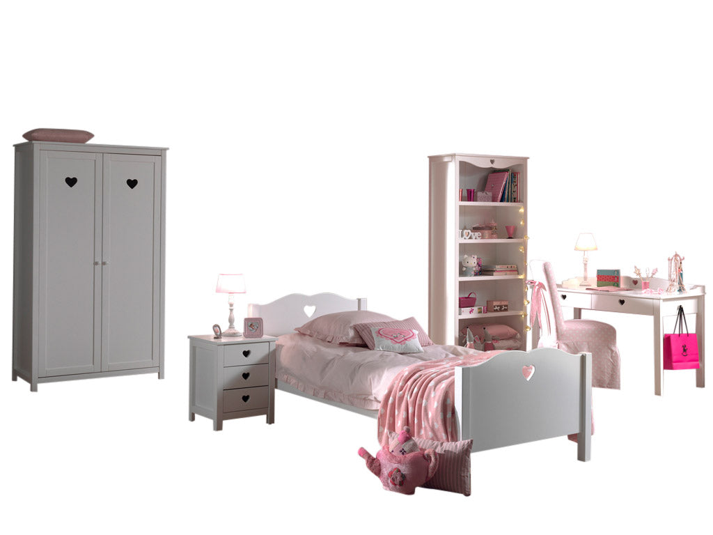 Vipack Amori Kids Bed With Bedside Drawers, 2 Door Wardrobe, Desk & Bookcase - White
