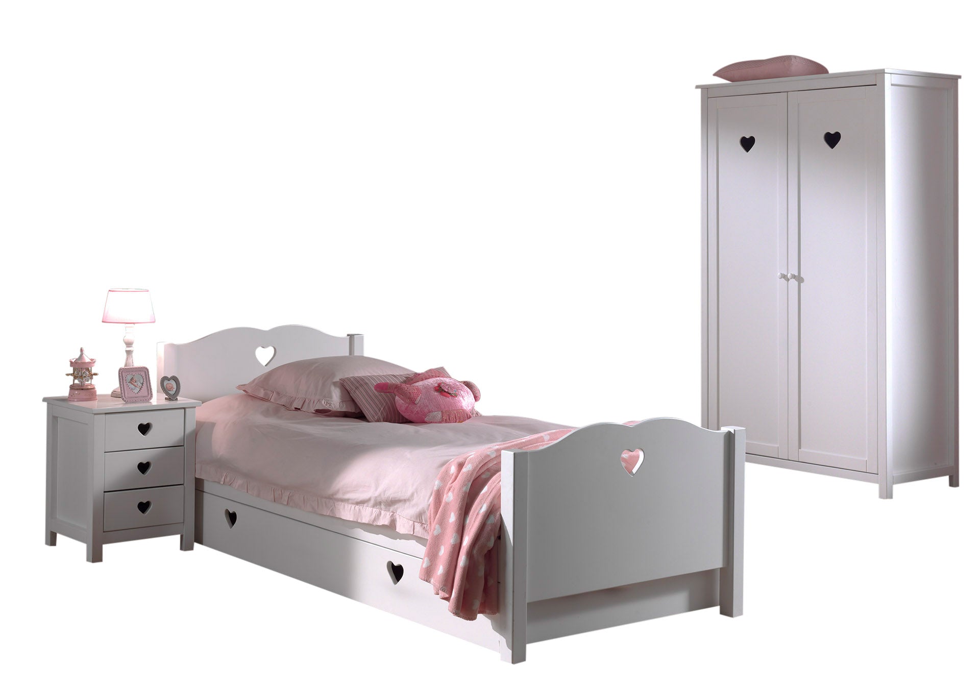 Vipack Amori Kids Bed With Slats, Trundle, Bedside Drawers & 2 Door Wardrobe - White