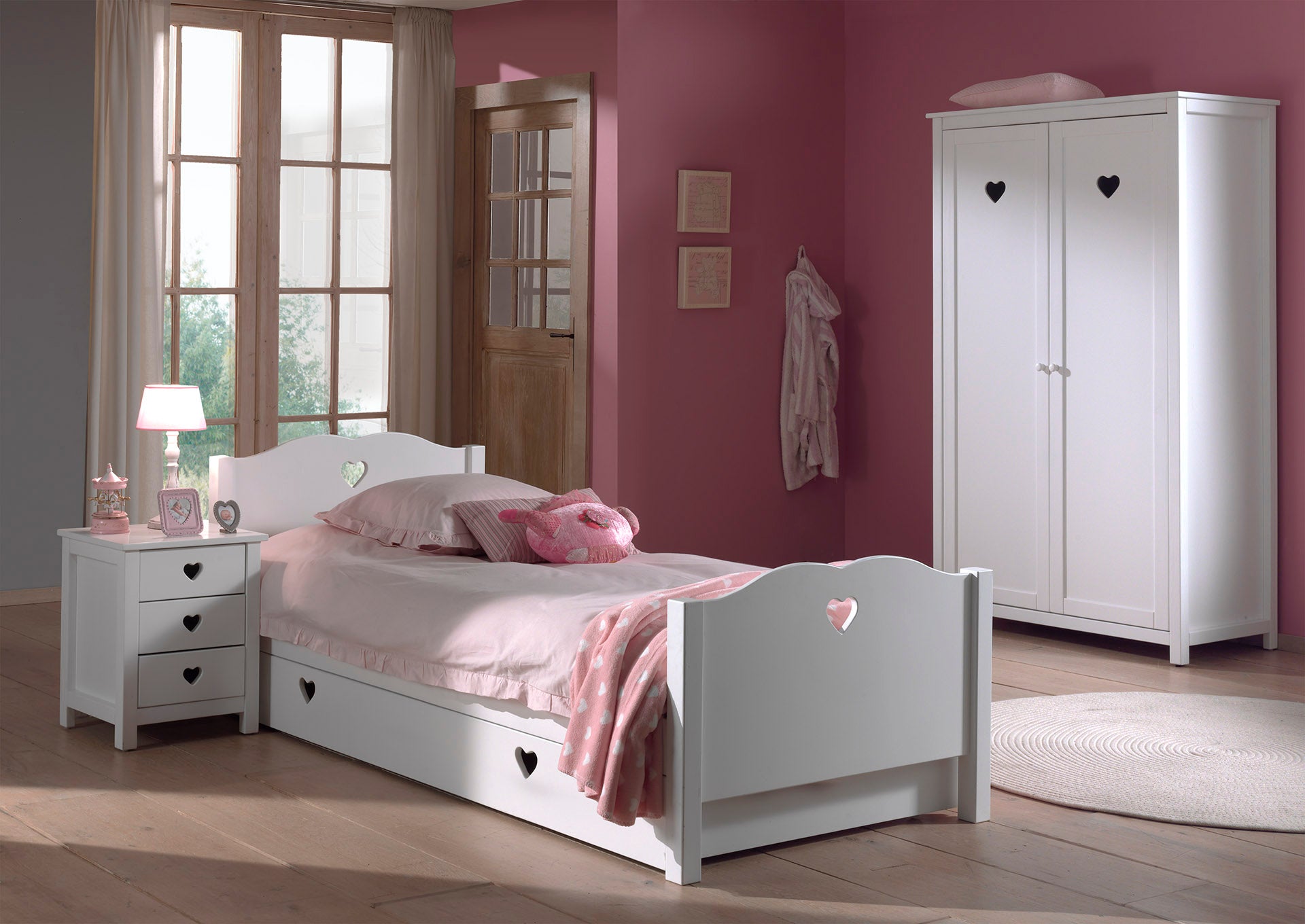 Vipack Amori Kids Bed With Trundle, Bedside Drawers & 2 Door Wardrobe - White