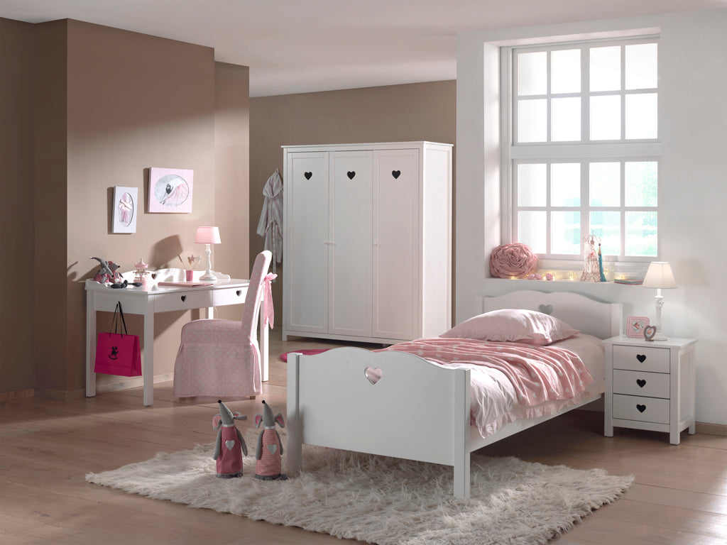 Vipack Amori Kids Bed With Slats, Bedside Drawers, 3 Door Wardrobe & Desk - White