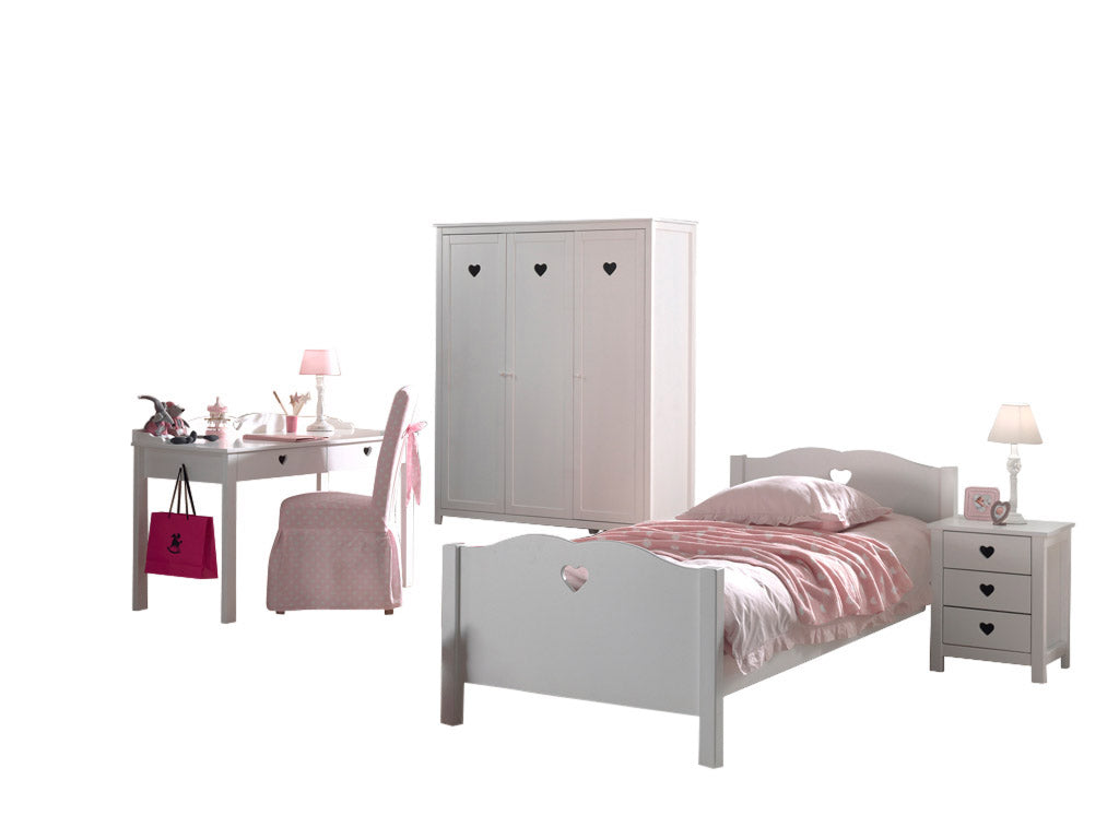 Vipack Amori Kids Bed With Slats, Bedside Drawers, 3 Door Wardrobe & Desk - White