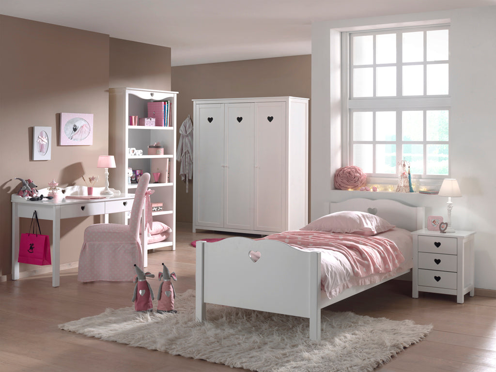 Vipack Amori Kids Bed With Slats, Bedside Drawers, 3 Door Wardrobe, Desk & Bookcase - White