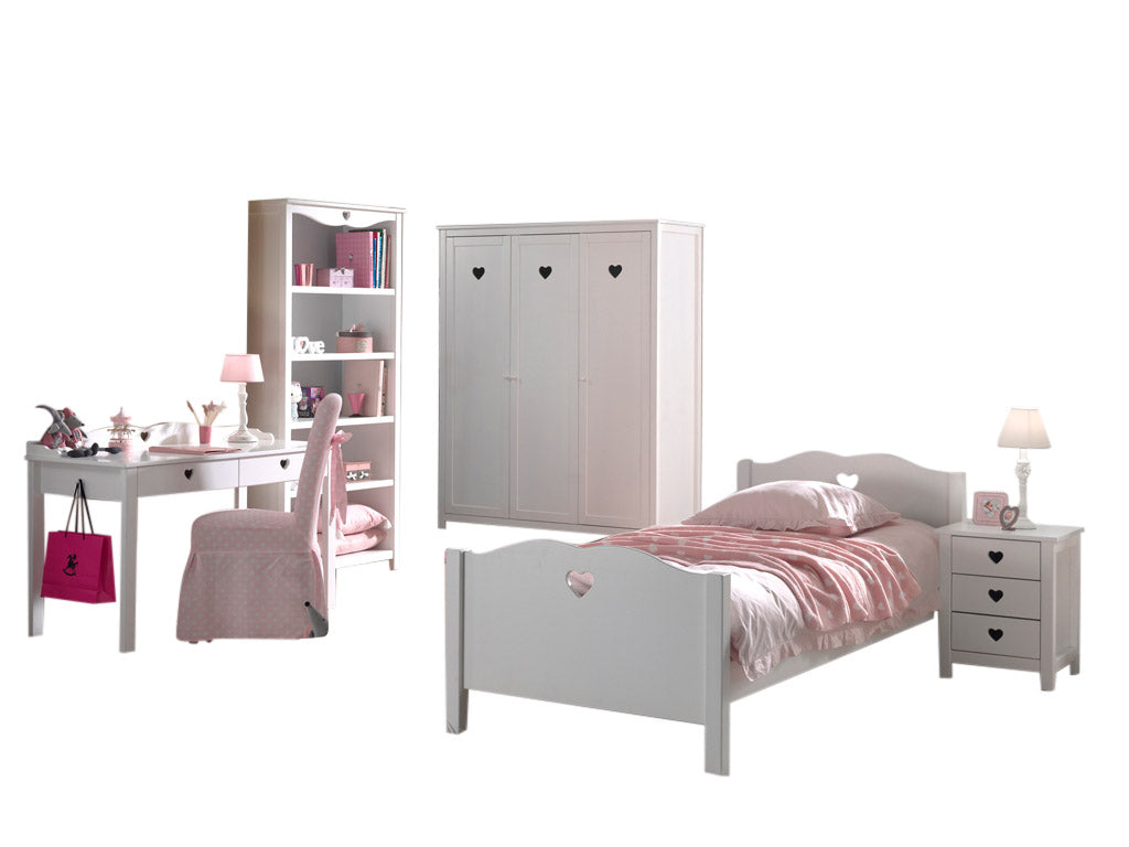 Vipack Amori Kids Bed With Slats, Bedside Drawers, 3 Door Wardrobe, Desk & Bookcase - White