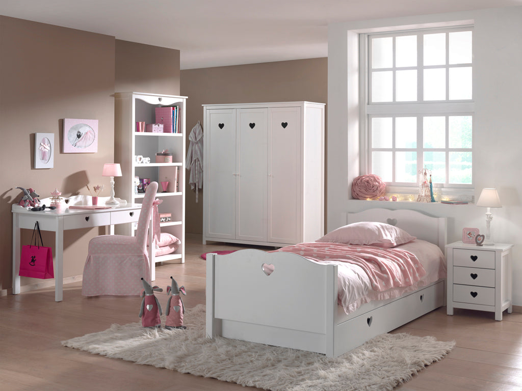 Vipack Amori Kids Bed With Trundle, Bedside Drawers, 3 Door Wardrobe, Desk & Bookcase - White