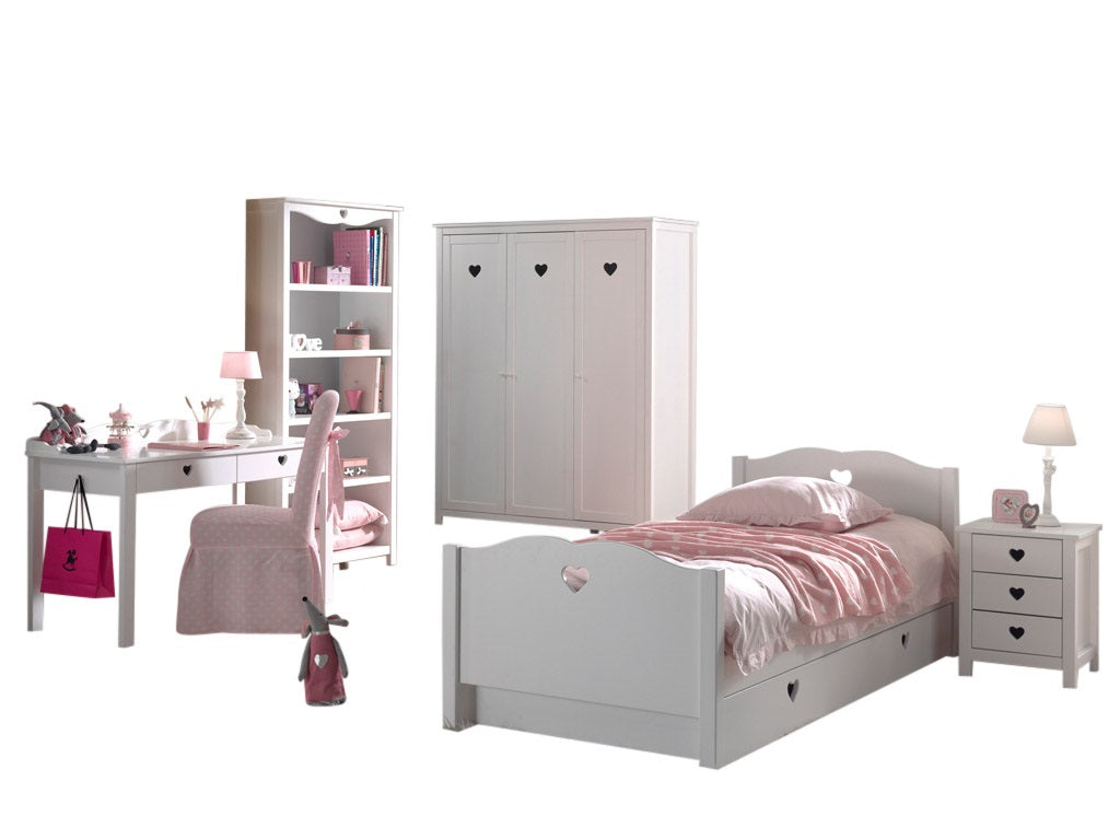 Vipack Amori Kids Bed With Trundle, Bedside Drawers, 3 Door Wardrobe, Desk & Bookcase - White