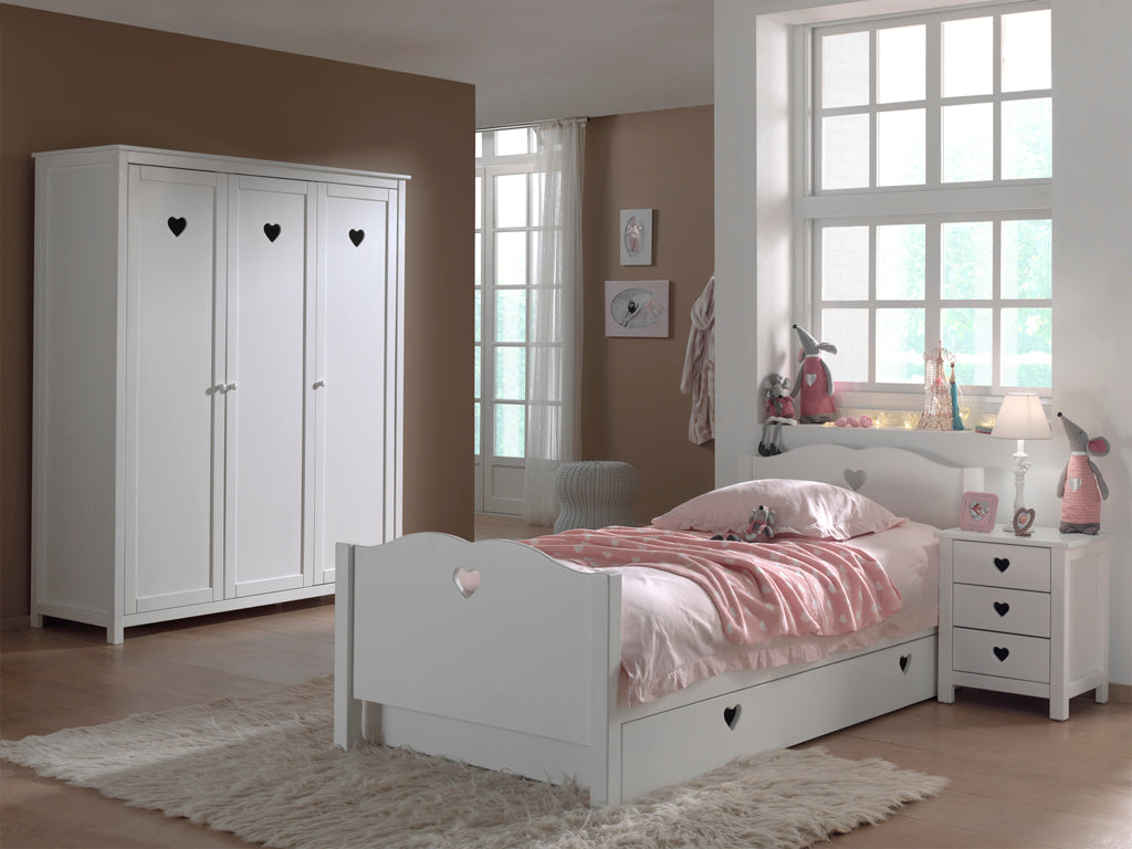 Vipack Amori Kids Bed With Slats, Trundle, Bedside Drawers & 3 Door Wardrobe - White
