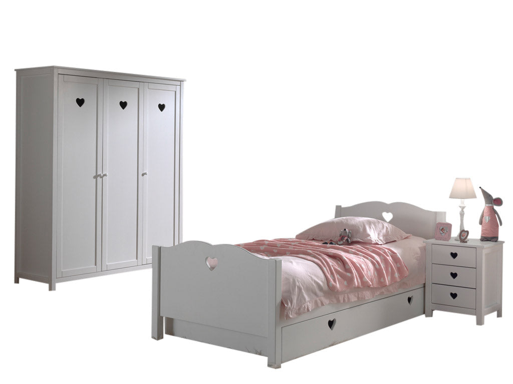 Vipack Amori Kids Bed With Slats, Trundle, Bedside Drawers & 3 Door Wardrobe - White