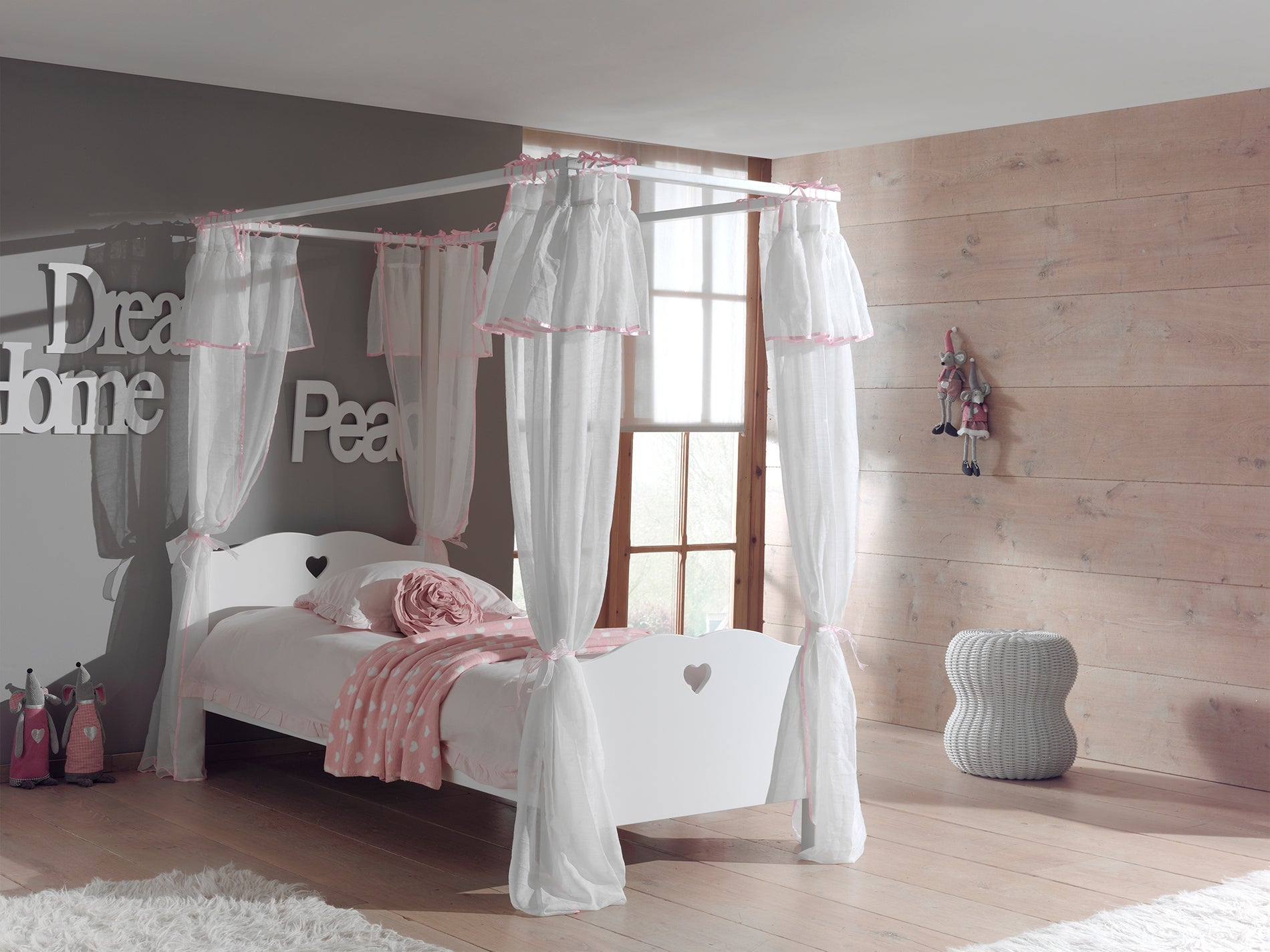 Vipack Amori Kids Four Poster Bed With Canopy & Slats - White