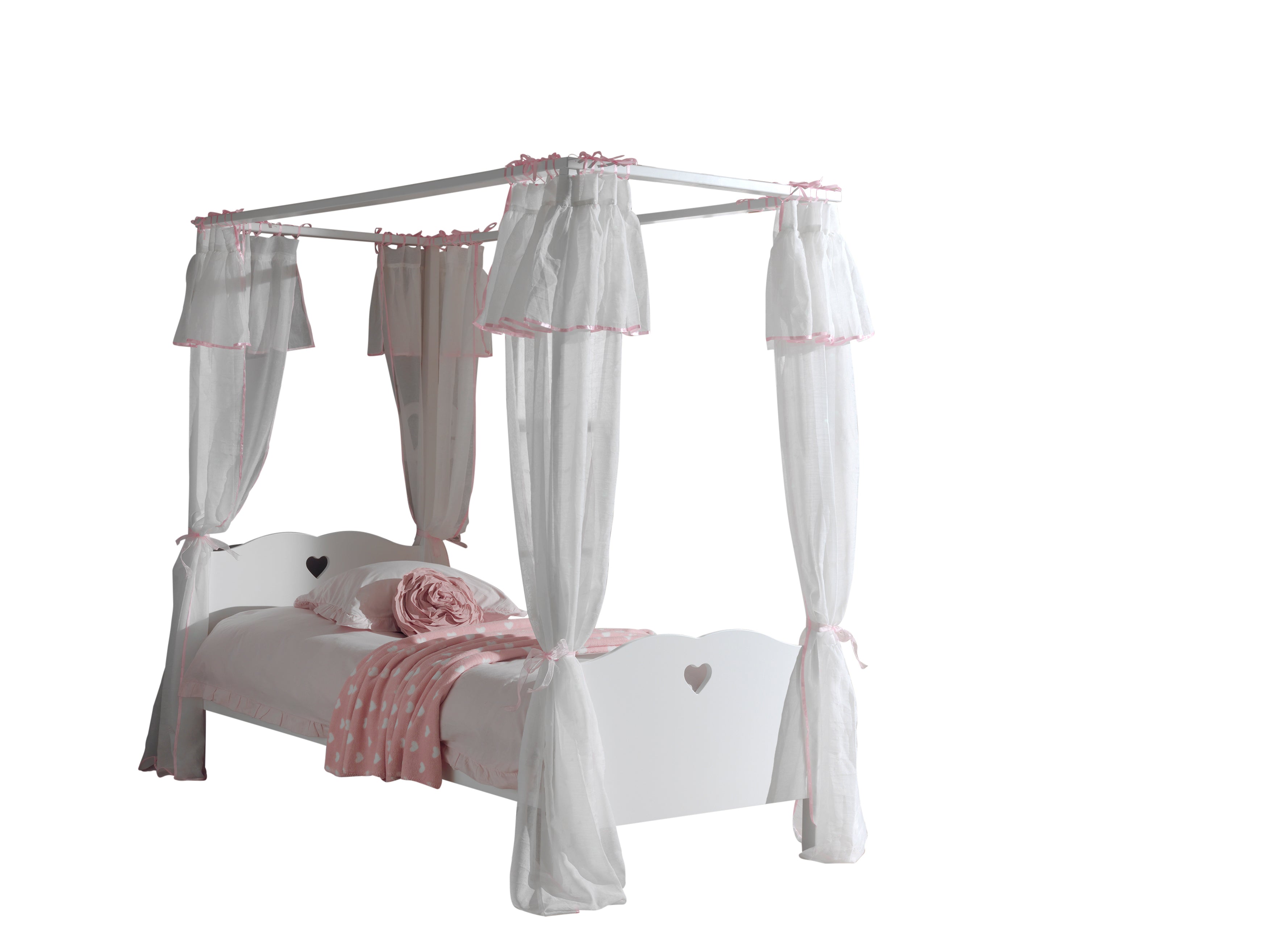 Vipack Amori Kids Four Poster Bed With Canopy, Slats & Trundle - White