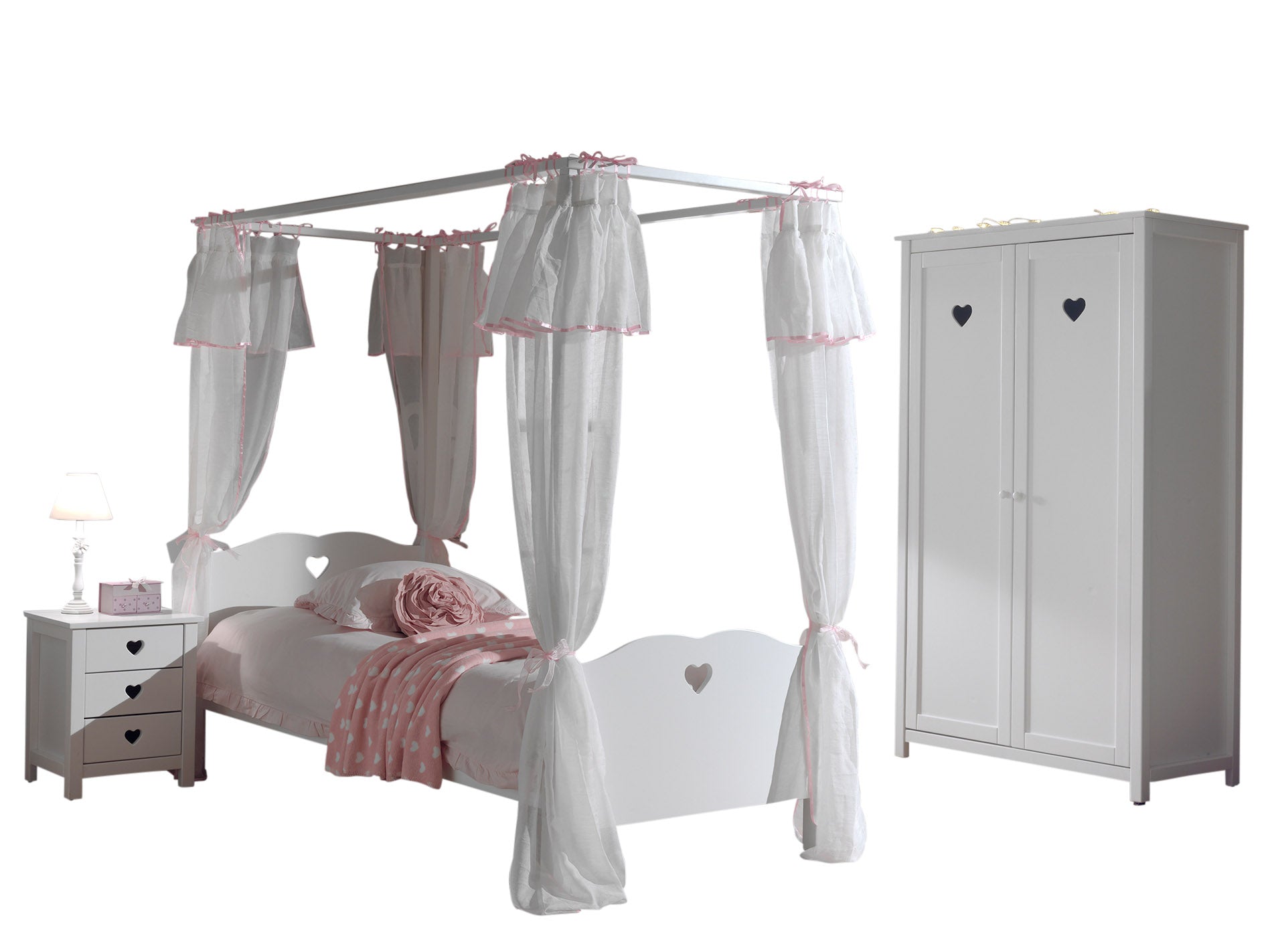 Vipack Amori Kids Four Poster Bed With Canopy, Bedside Drawers & 2 Door Wardrobe - White