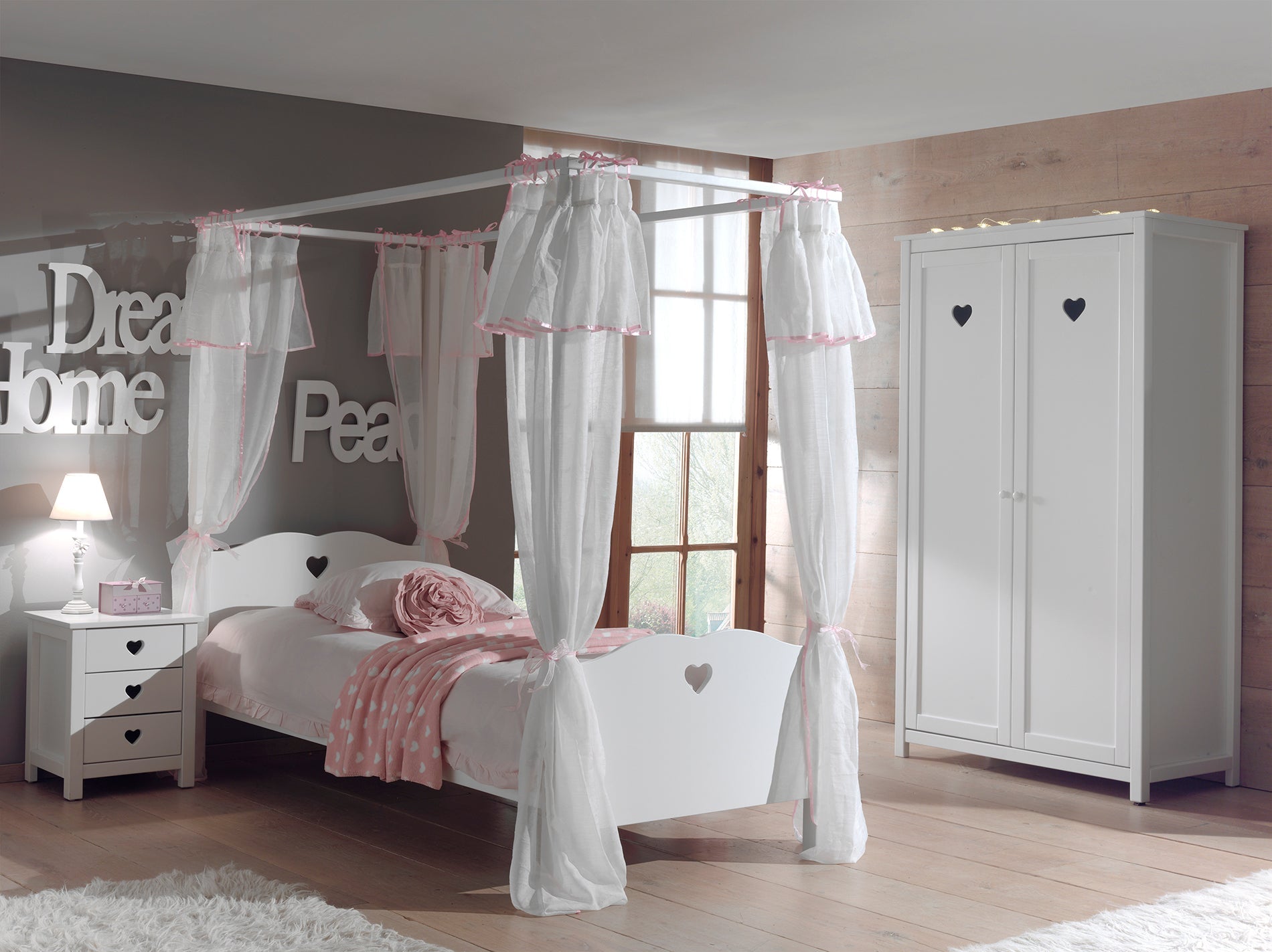 Vipack Amori Kids Four Poster Bed With Canopy, Slats, Bedside Drawers & 2 Door Wardrobe - White