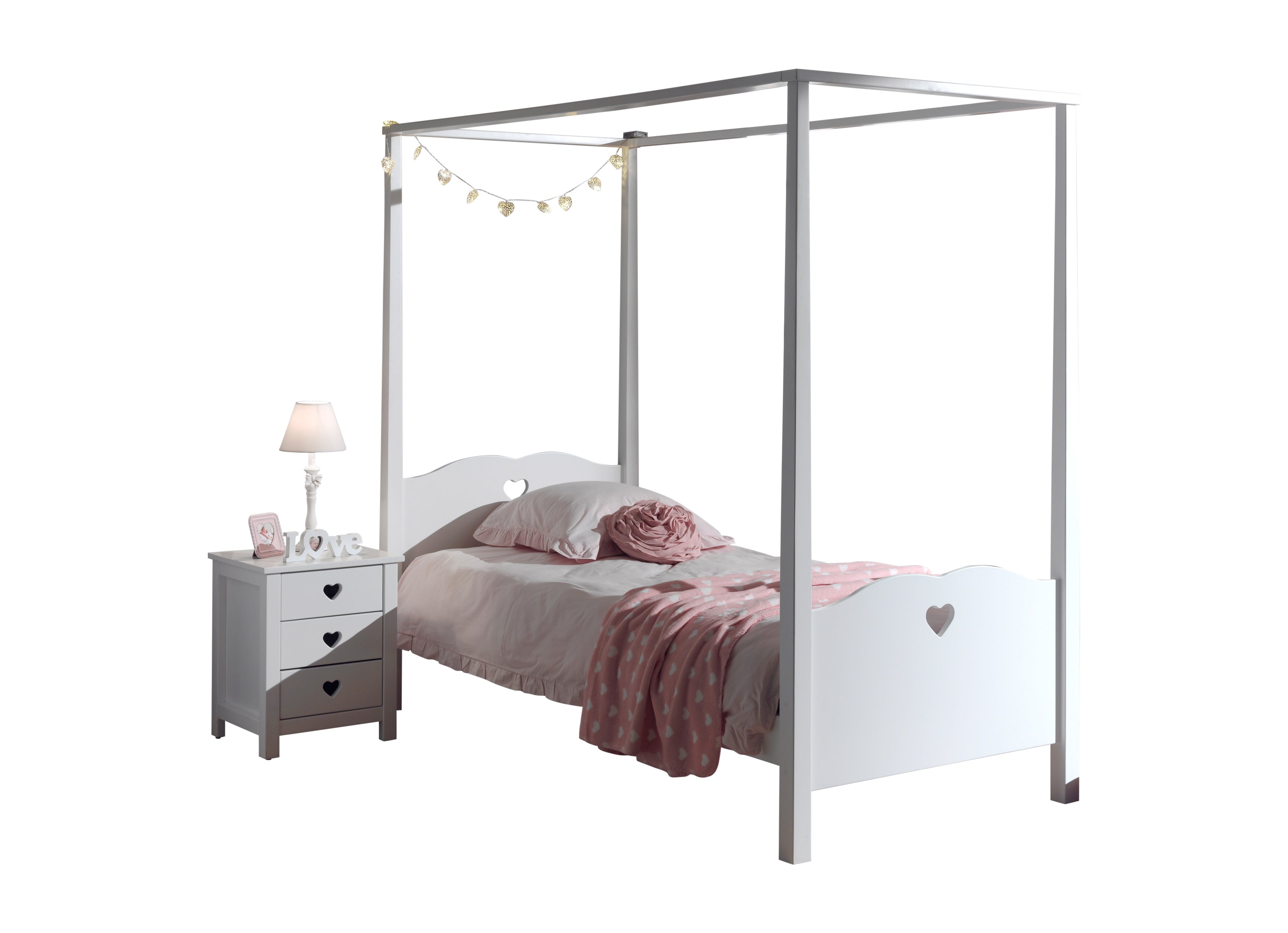 Vipack Amori Kids Four Poster Bed With Canopy & Bedside Drawers - White