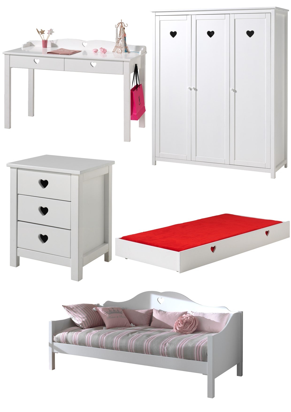 Vipack Amori Love Heart Single Day Bed, Trundle, Bedside Drawers, 3 Door Wardrobe & Desk - White