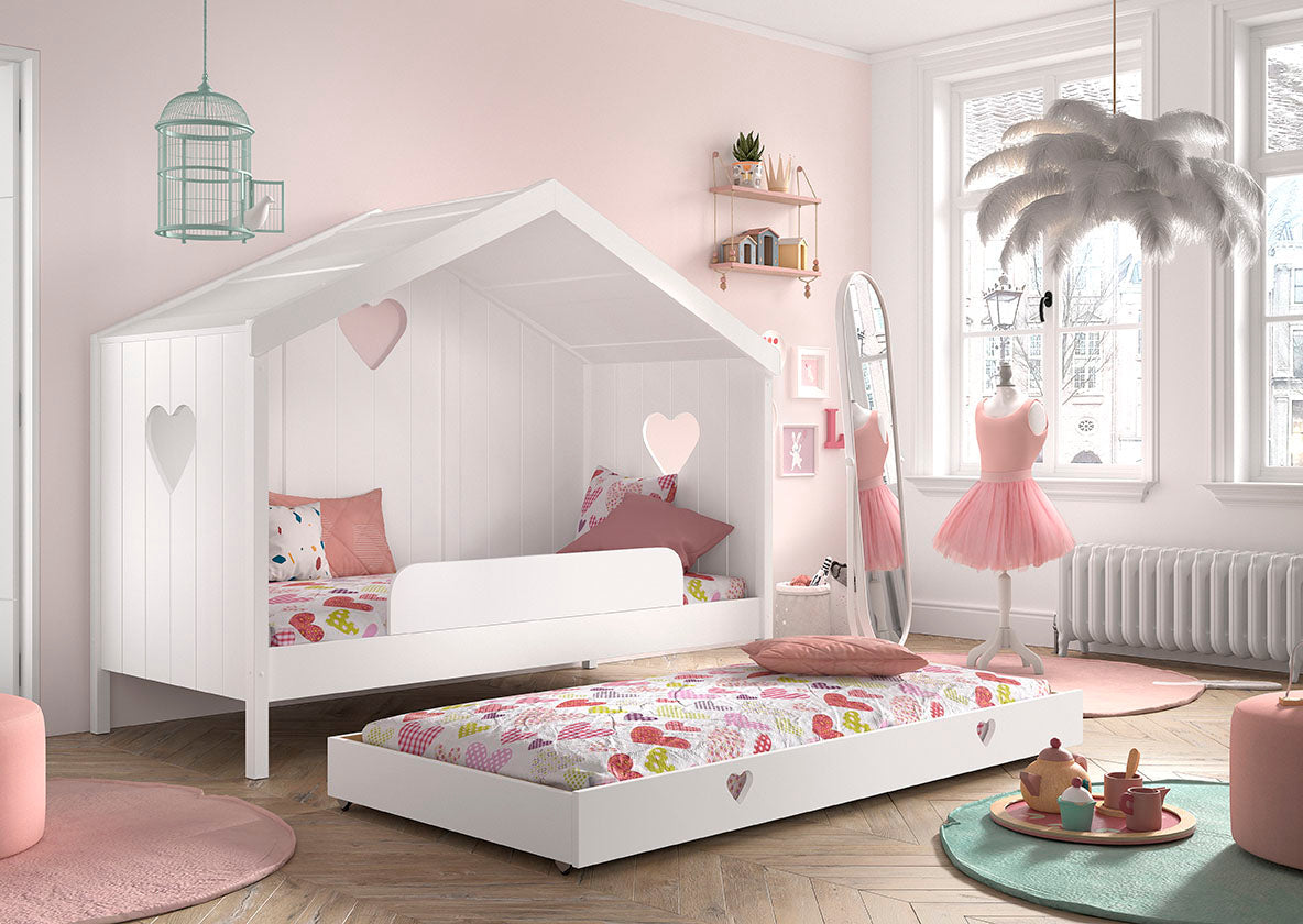 Vipack Amori House Bed With Slats, Safety Rail & Trundle - White