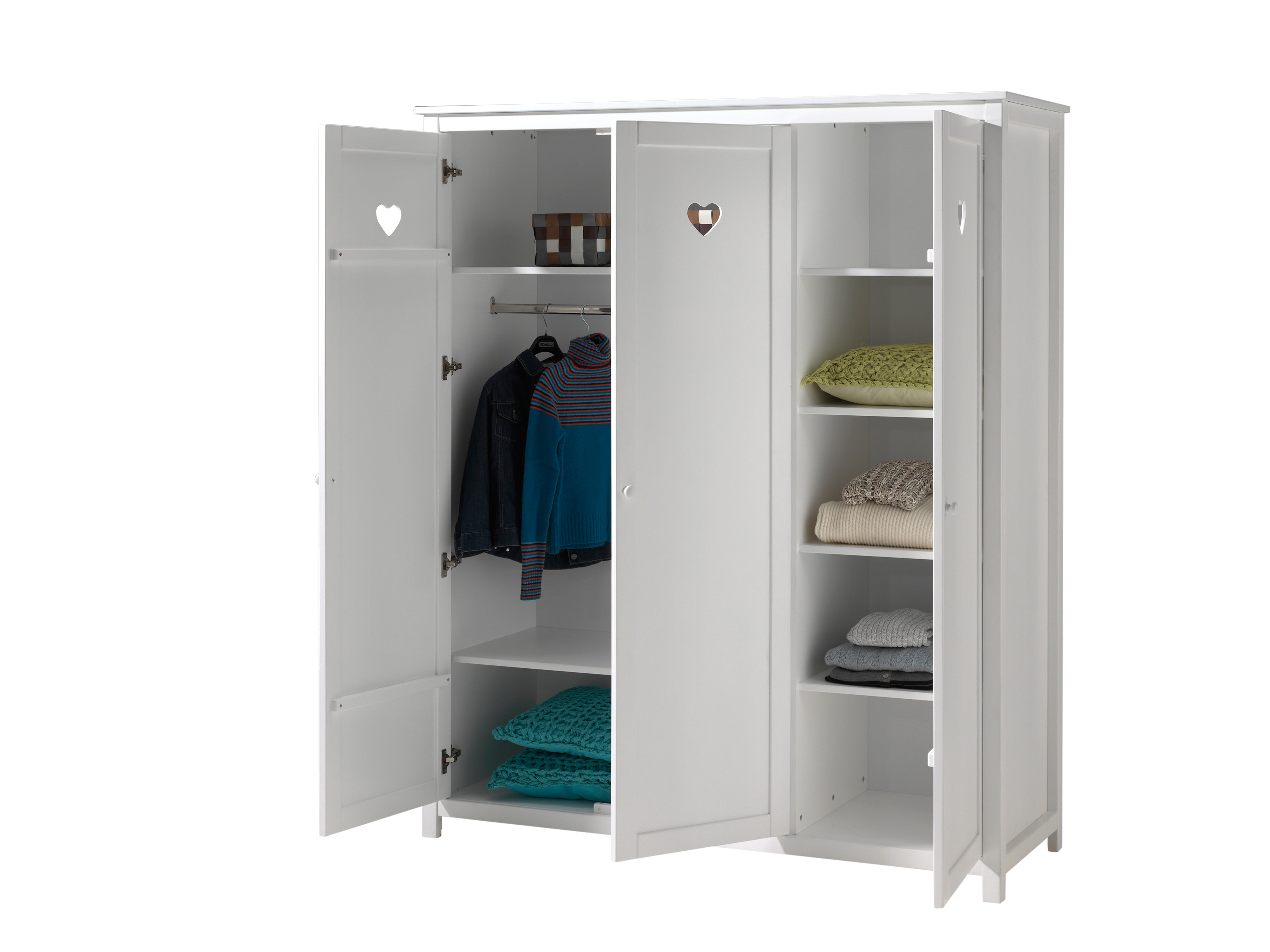 Vipack Amori Love Heart Single Day Bed, Trundle, Bedside Drawers, 3 Door Wardrobe & Desk - White