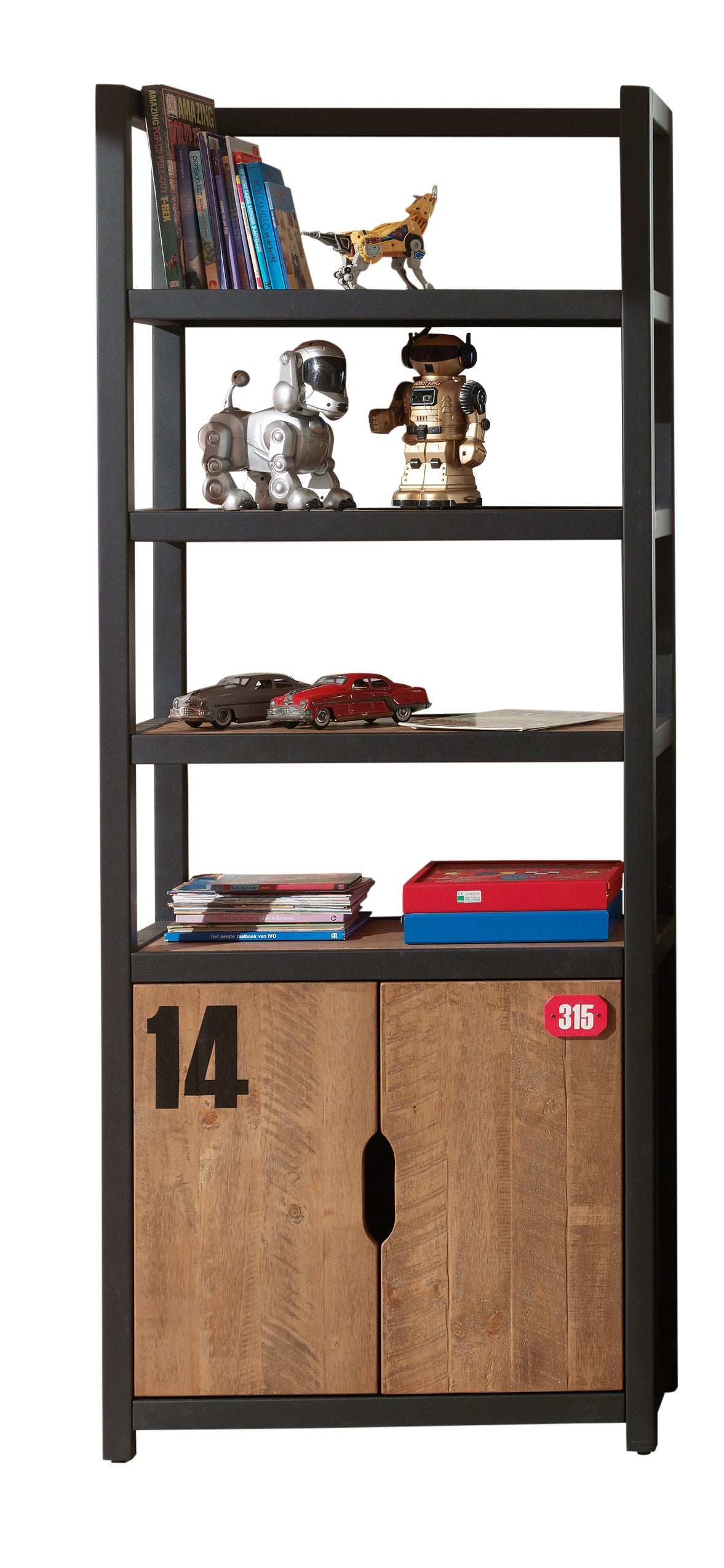 Vipack Alex Kids Bed With Bedside Drawers, Trundle, 3 Door Wardrobe, Chest Of Drawers, Desk & Bookcase - Black & Natural