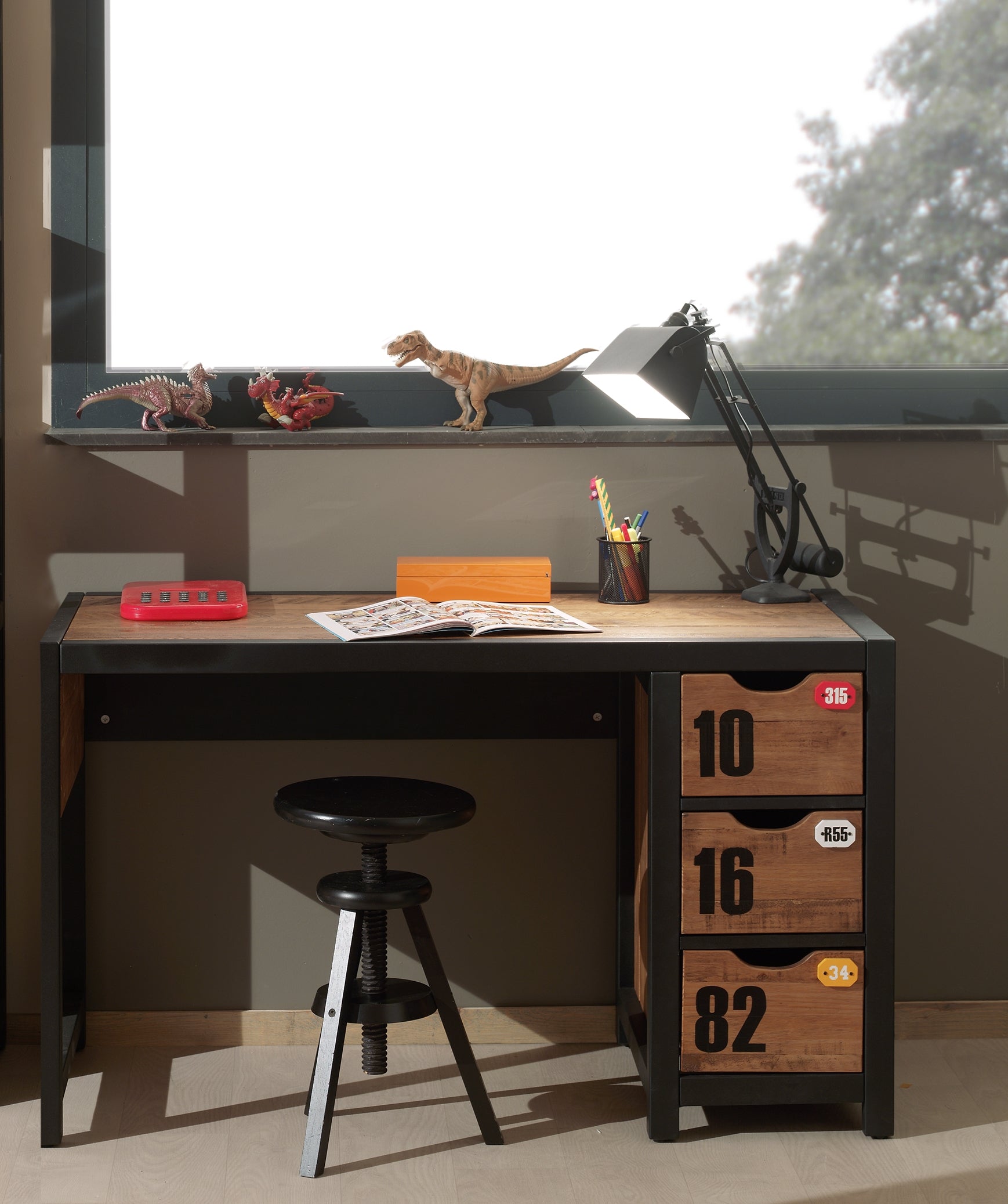 Vipack Alex Kids Bed With Bedside Drawers, Trundle, 3 Door Wardrobe, Chest Of Drawers, Desk & Bookcase - Black & Natural
