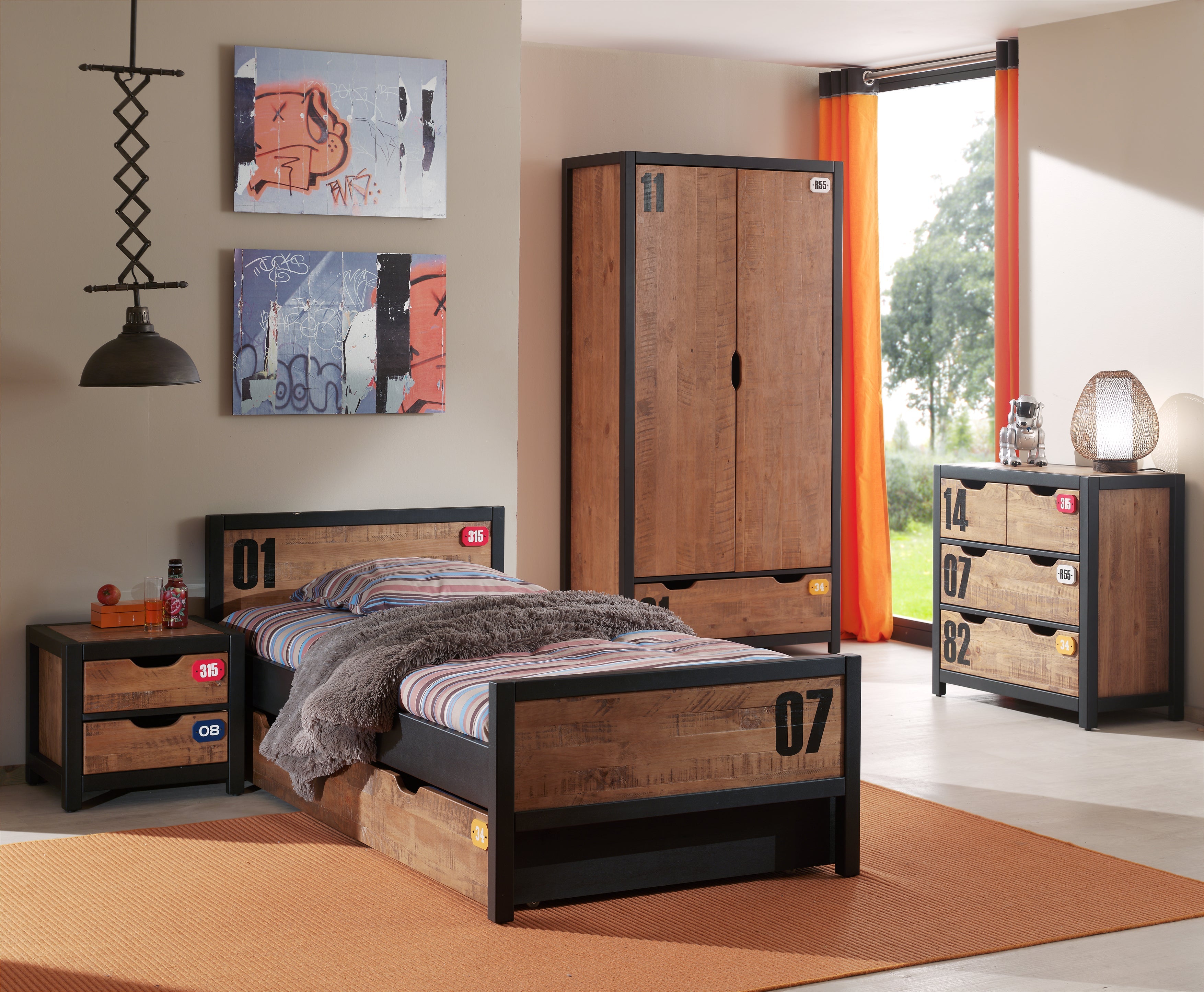 Vipack Alex Kids Bed With Slats, Trundle, Bedside Drawers, Chest Of Drawers & 2 Door Wardrobe - Black & Natural