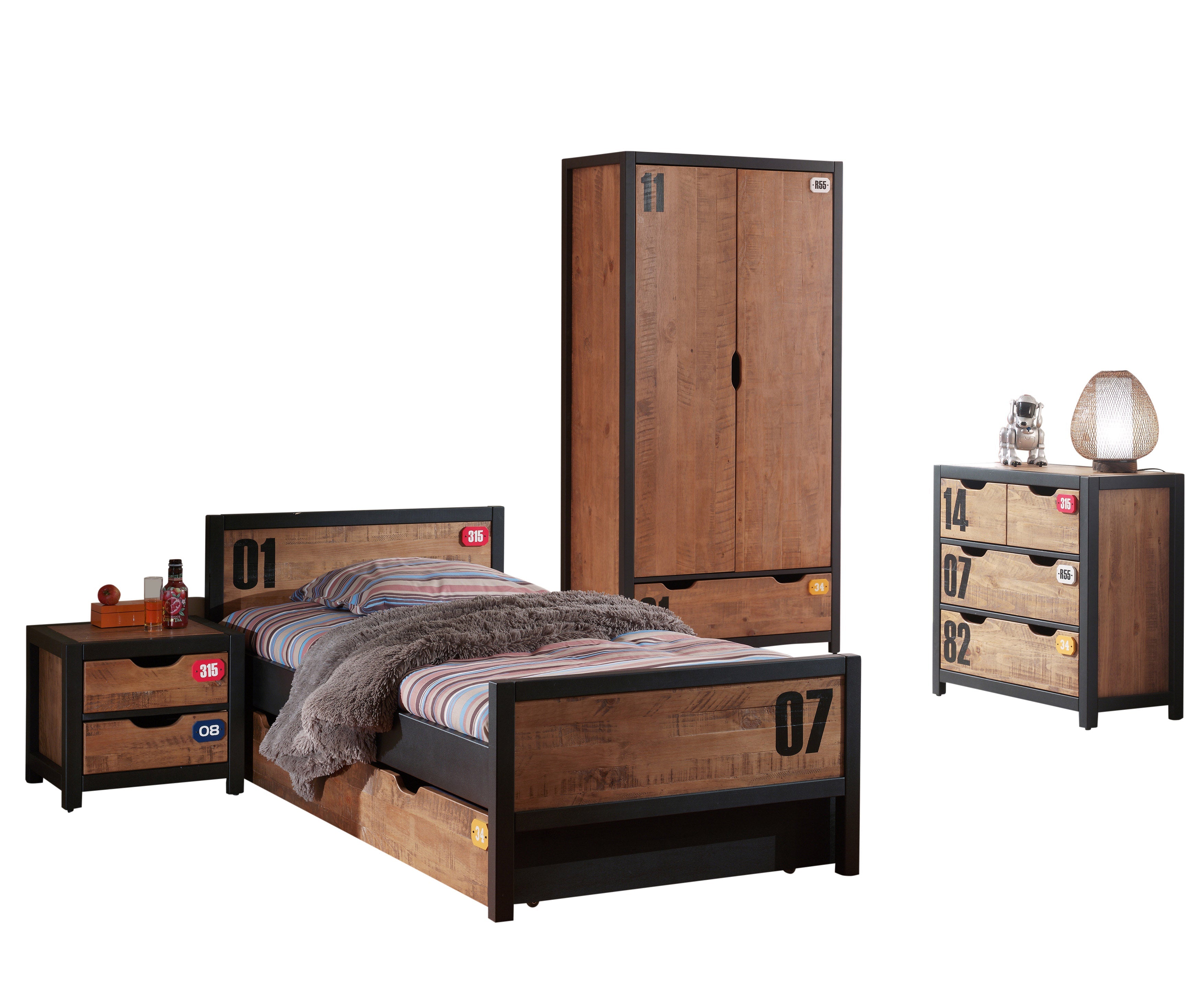 Vipack Alex Kids Bed with Bedside Drawers, Trundle, Chest of Drawers & 2 Door Wardrobe- Black & Natural