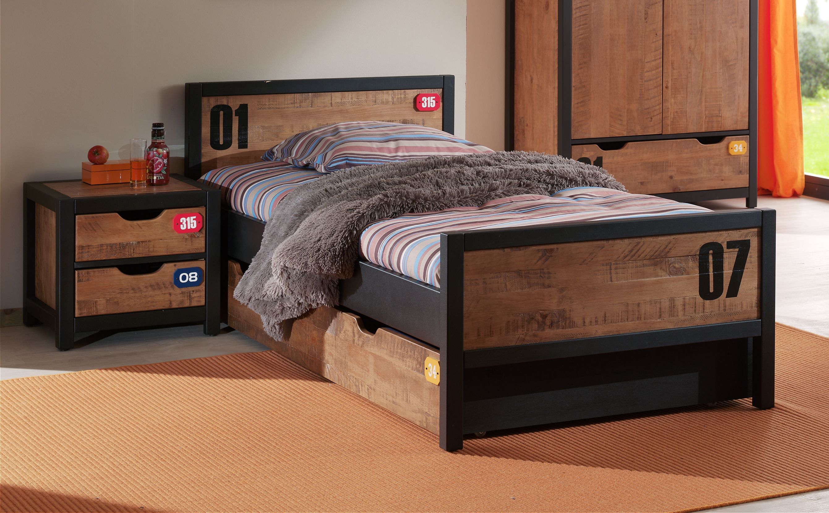 Vipack Alex Kids Bed with Bedside Drawers & Trundle - Black & Natural