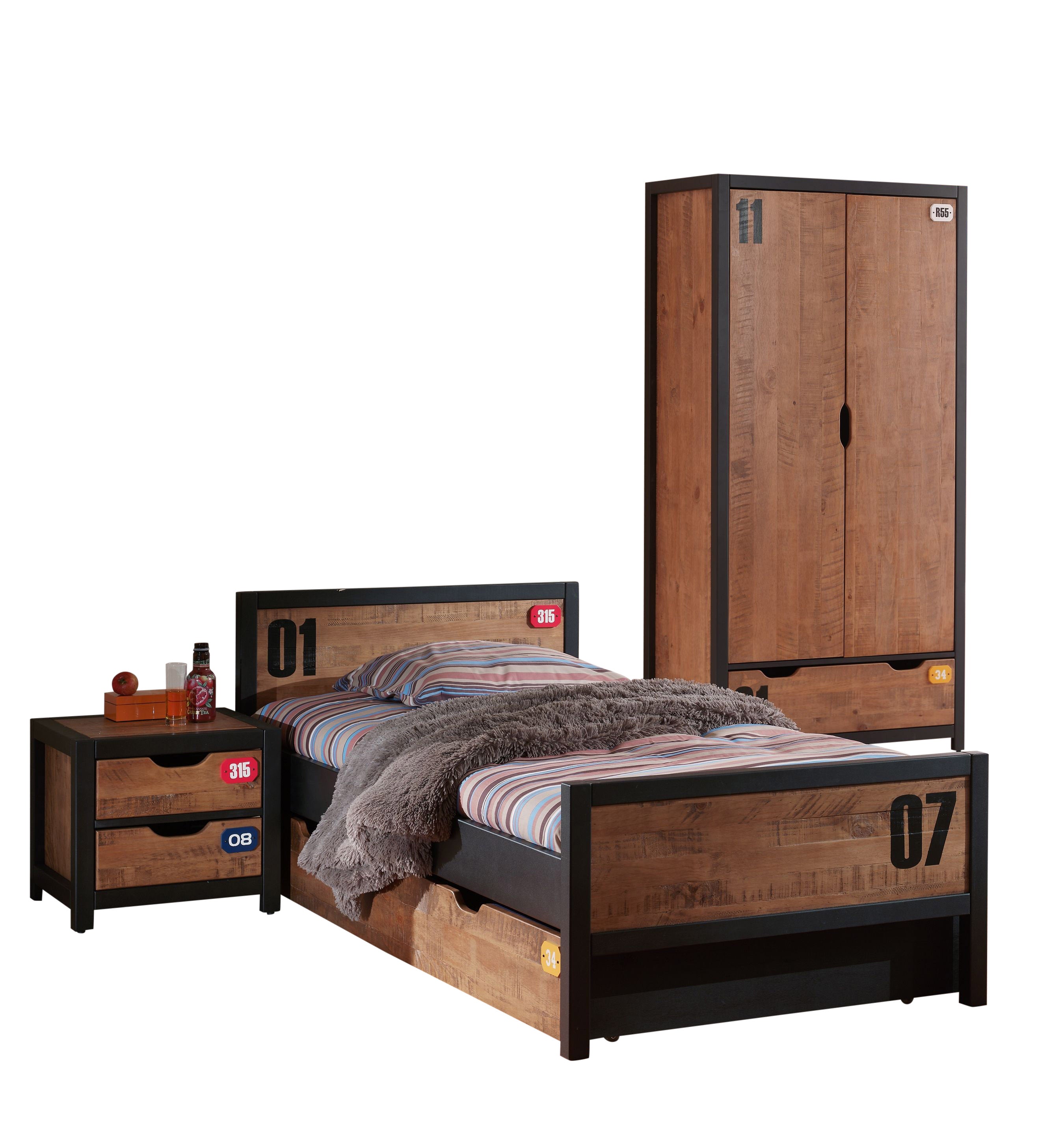 Vipack Alex Kids Bed With Bedside Drawers, Wardrobe & Trundle - Black & Natural