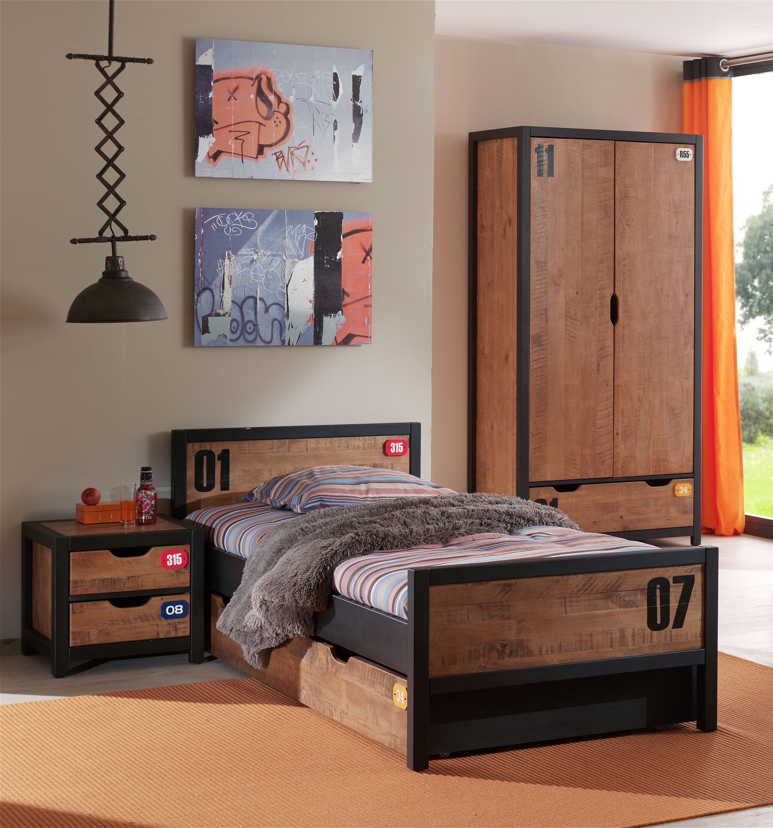 Vipack Alex Kids Bed With Slats, Trundle, Bedside Drawers & 2 Door Wardrobe - Black & Natural