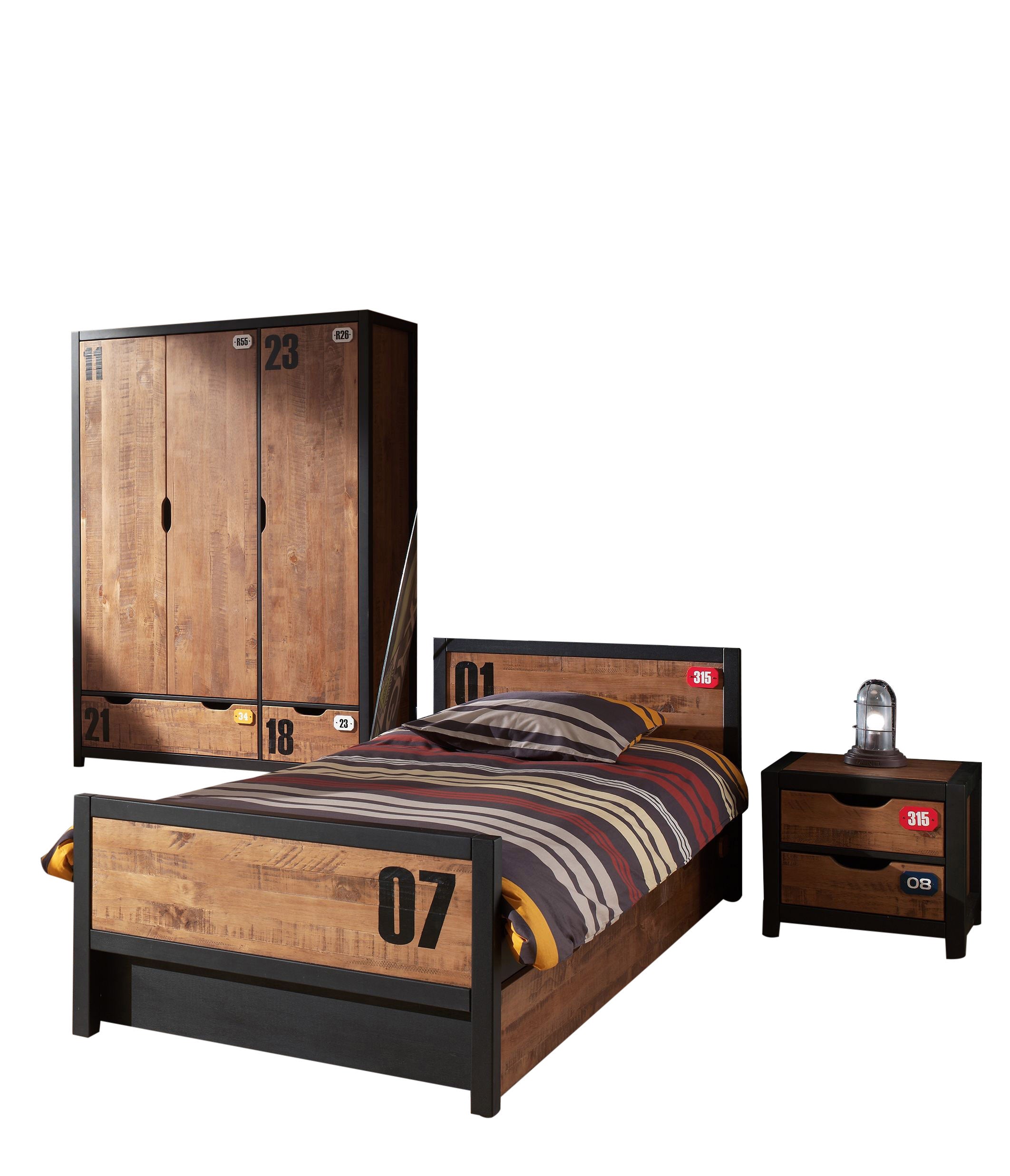 Vipack Alex Kids Bed With Bedside Drawers, Trundle & 3 Door Wardrobe - Black & Natural