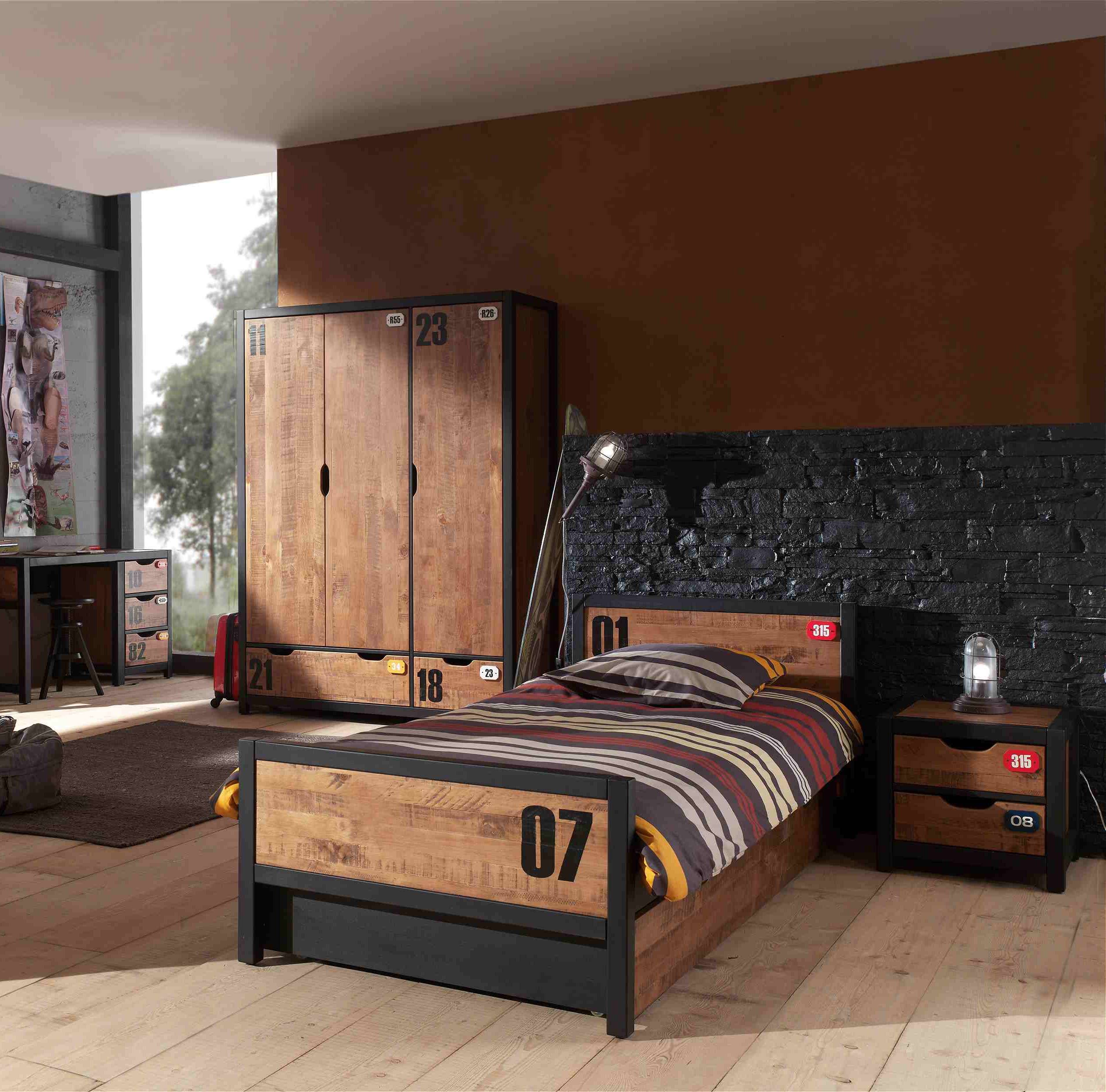 Vipack Alex Kids Bed With Bedside Drawers, Trundle, Desk & 3 Door Wardrobe - Black & Natural