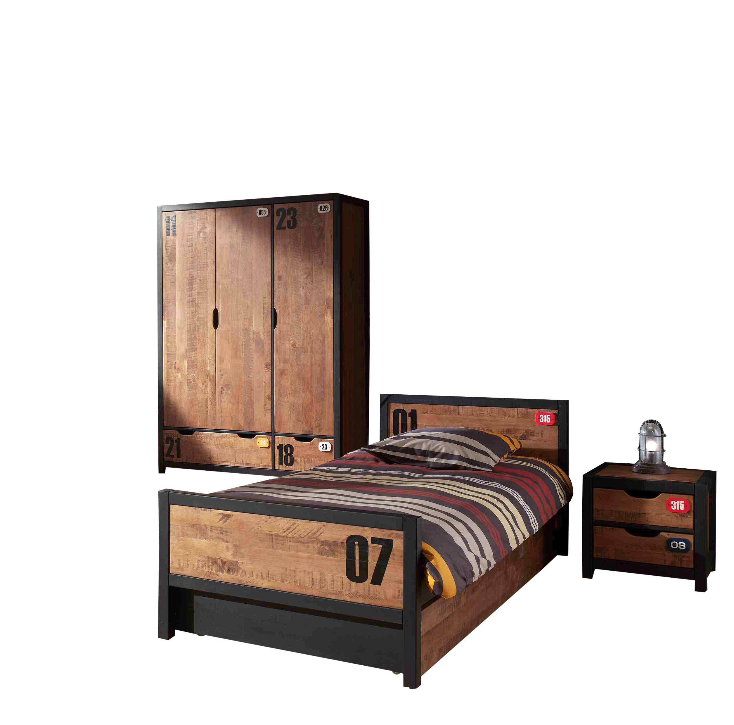 Vipack Alex Kids Bed With Slats, Bedside Drawers, Trundle & 3 Door Wardrobe - Black & Natural