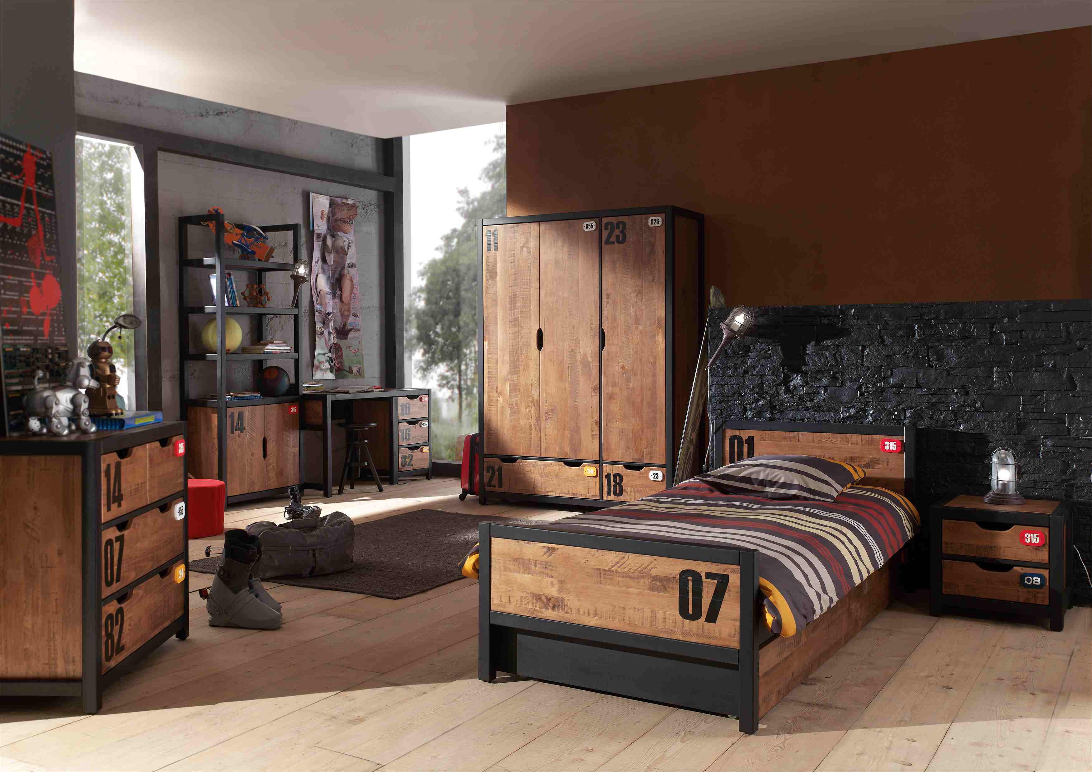Vipack Alex Kids Bed With Bedside Drawers, Trundle, 3 Door Wardrobe, Chest Of Drawers, Desk & Bookcase - Black & Natural