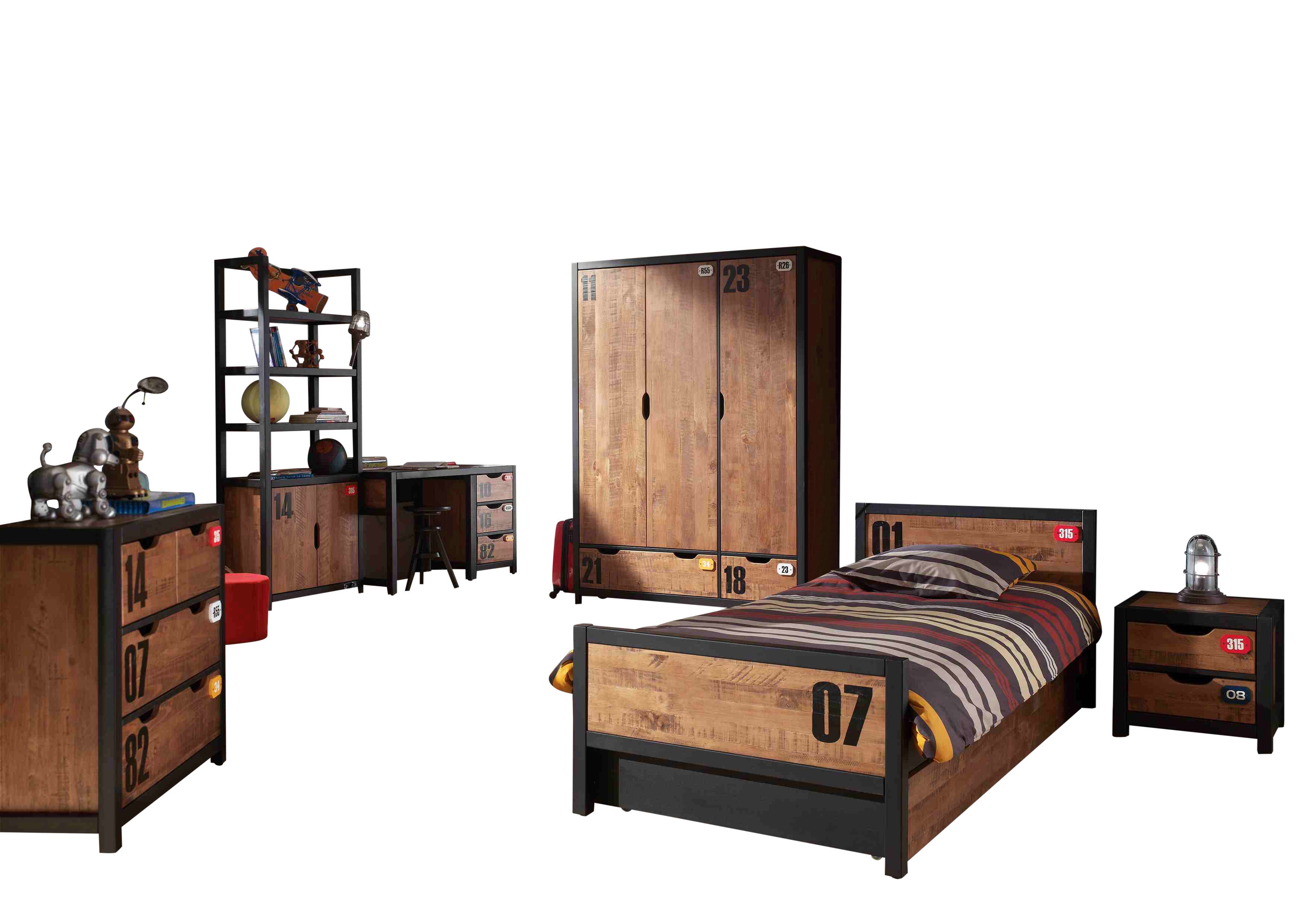 Vipack Alex Kids Bed With Bedside Drawers, Trundle, 3 Door Wardrobe, Chest Of Drawers, Desk & Bookcase - Black & Natural
