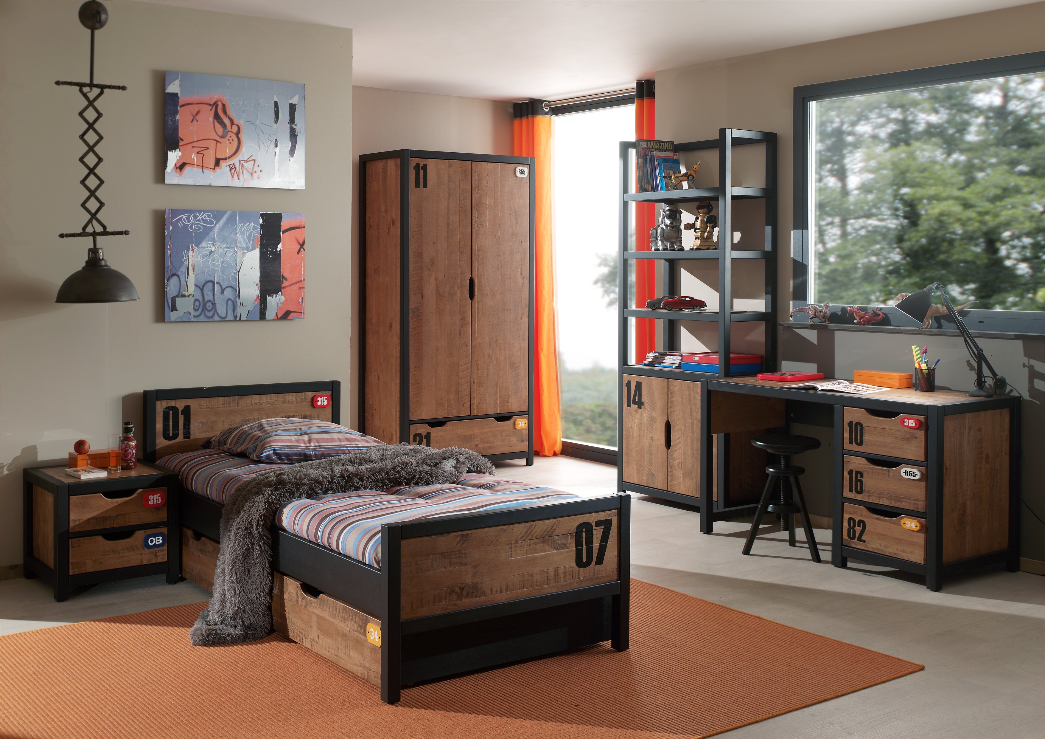 Vipack Alex Kids Bed With Bedside Drawers, Trundle, 2 Door Wardrobe, Desk & Bookcase - Black & Natural