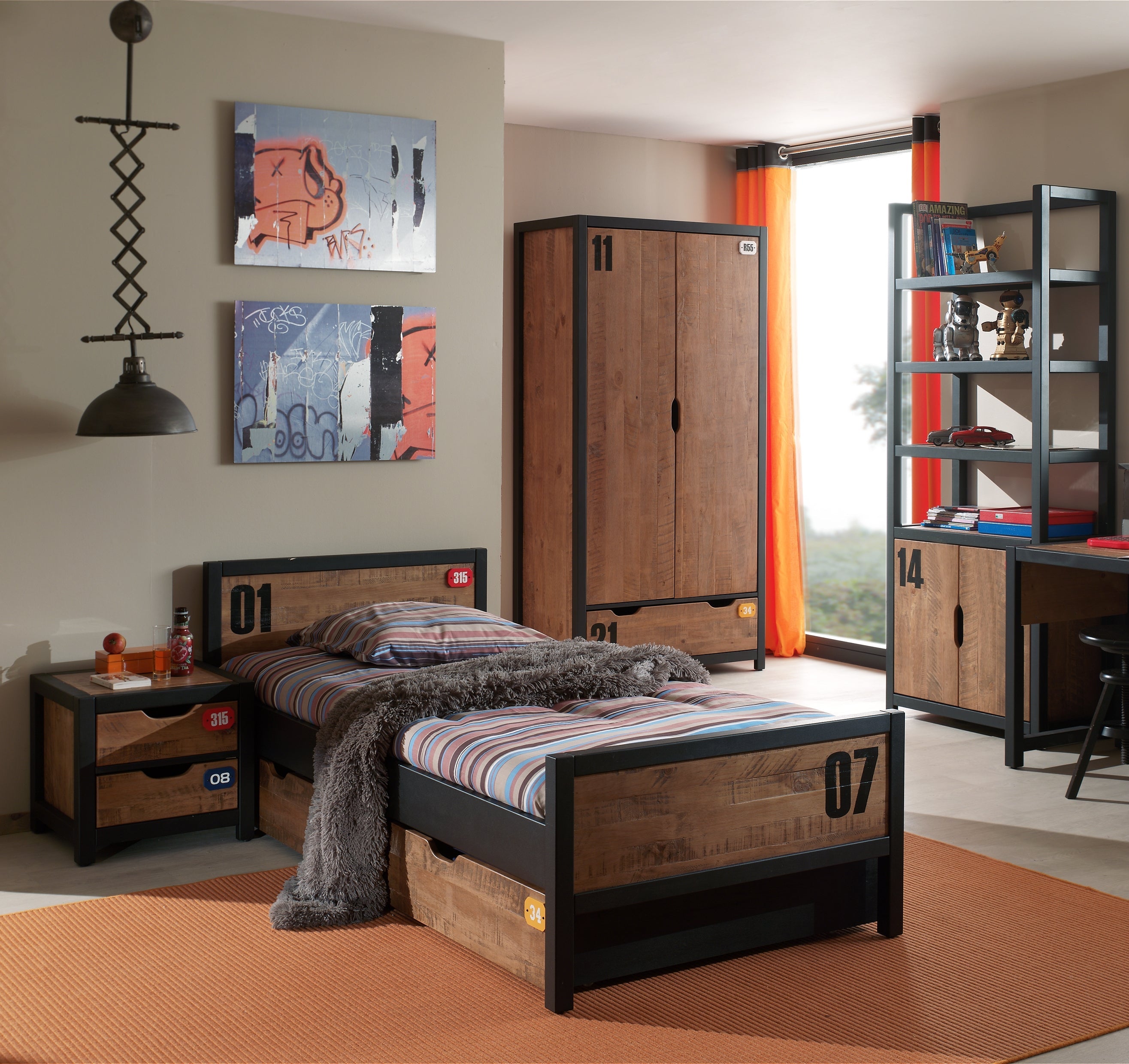 Vipack Alex Kids Bed With Bedside Drawers, Trundle, 2 Door Wardrobe & Bookcase - Black & Natural