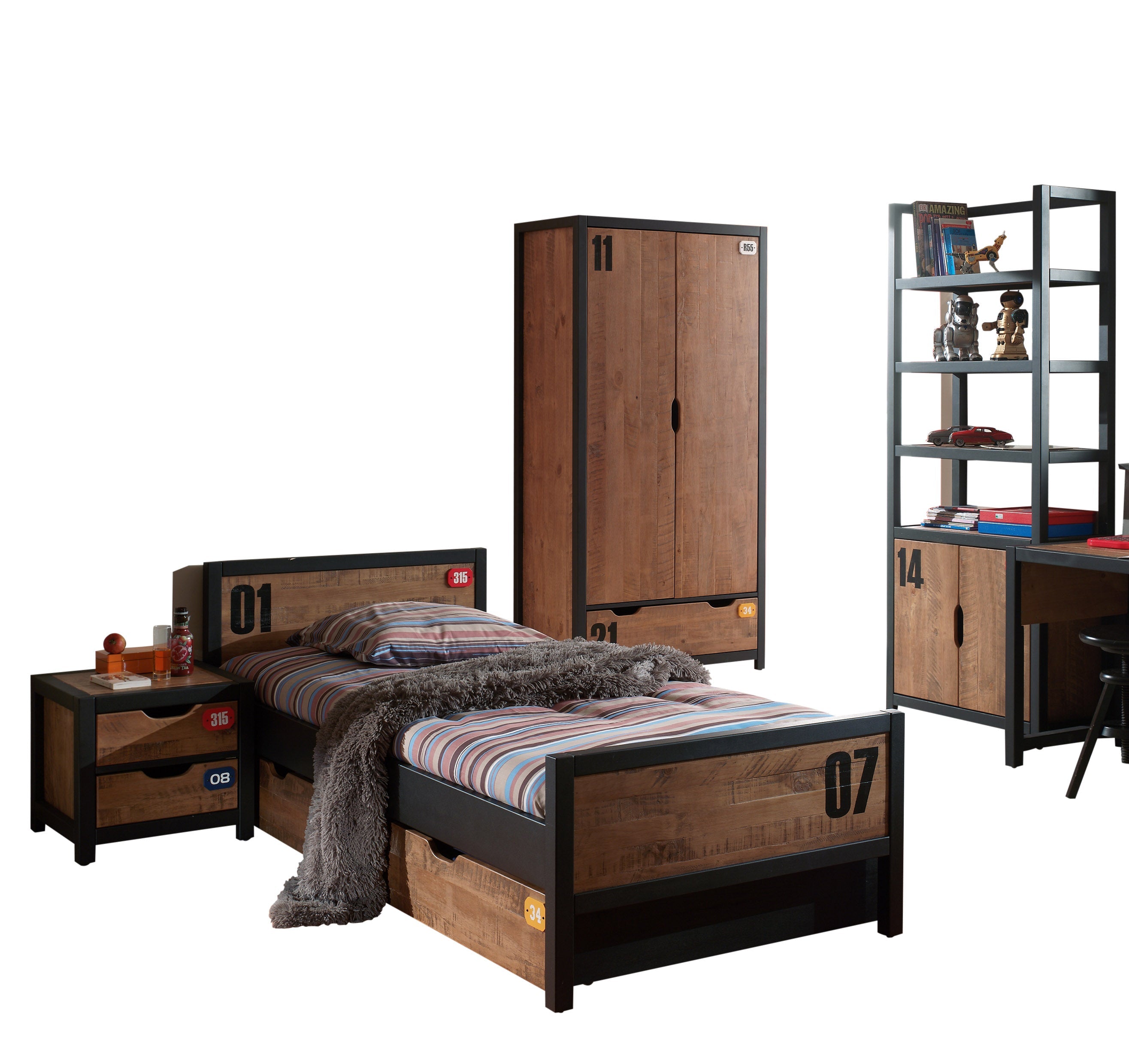 Vipack Alex Kids Bed With Bedside Drawers, Trundle, 2 Door Wardrobe & Bookcase - Black & Natural