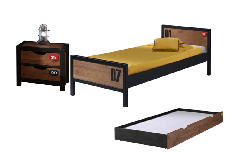 Vipack Alex Kids Bed With Slats, Trundle & Bedside Drawers - Black & Natural