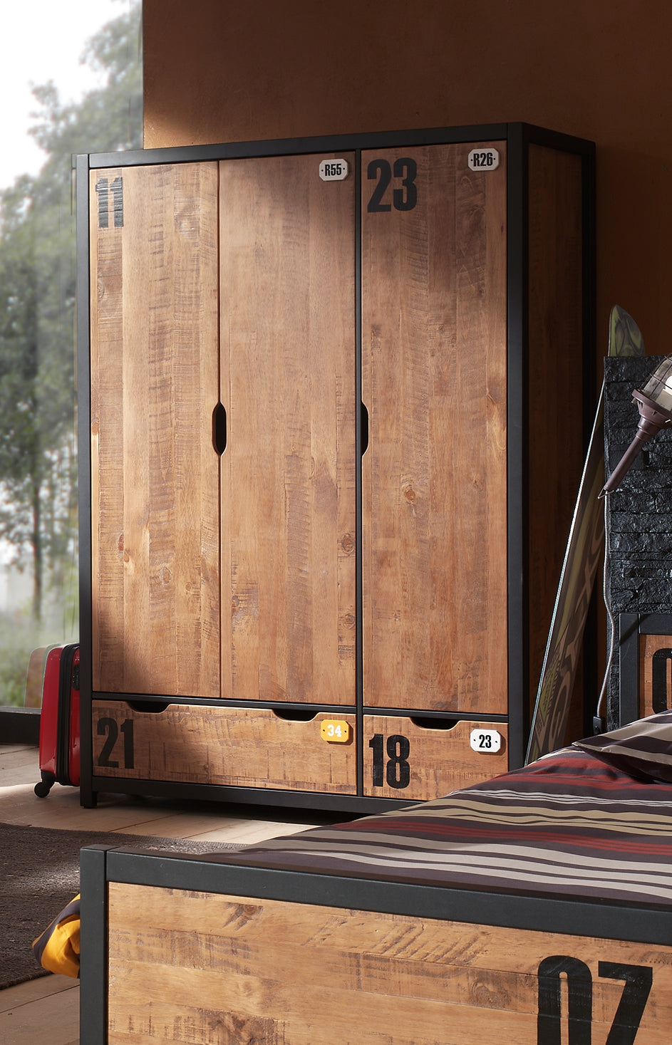 Vipack Alex Kids Bed With Bedside Drawers, Trundle, 3 Door Wardrobe, Chest Of Drawers, Desk & Bookcase - Black & Natural