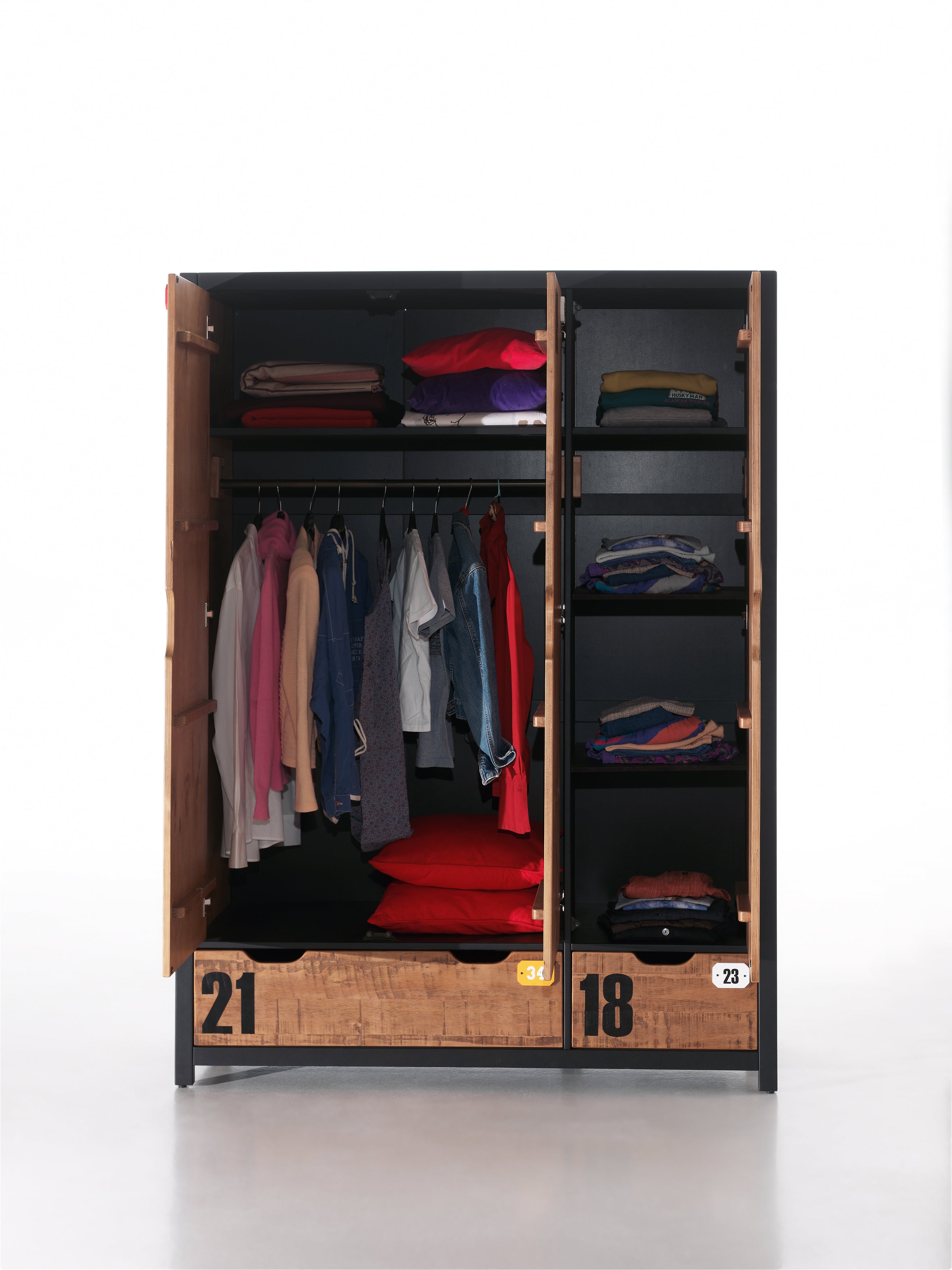Vipack Alex Kids Bed With Bedside Drawers, Trundle, 3 Door Wardrobe, Desk & Bookcase - Black & Natural