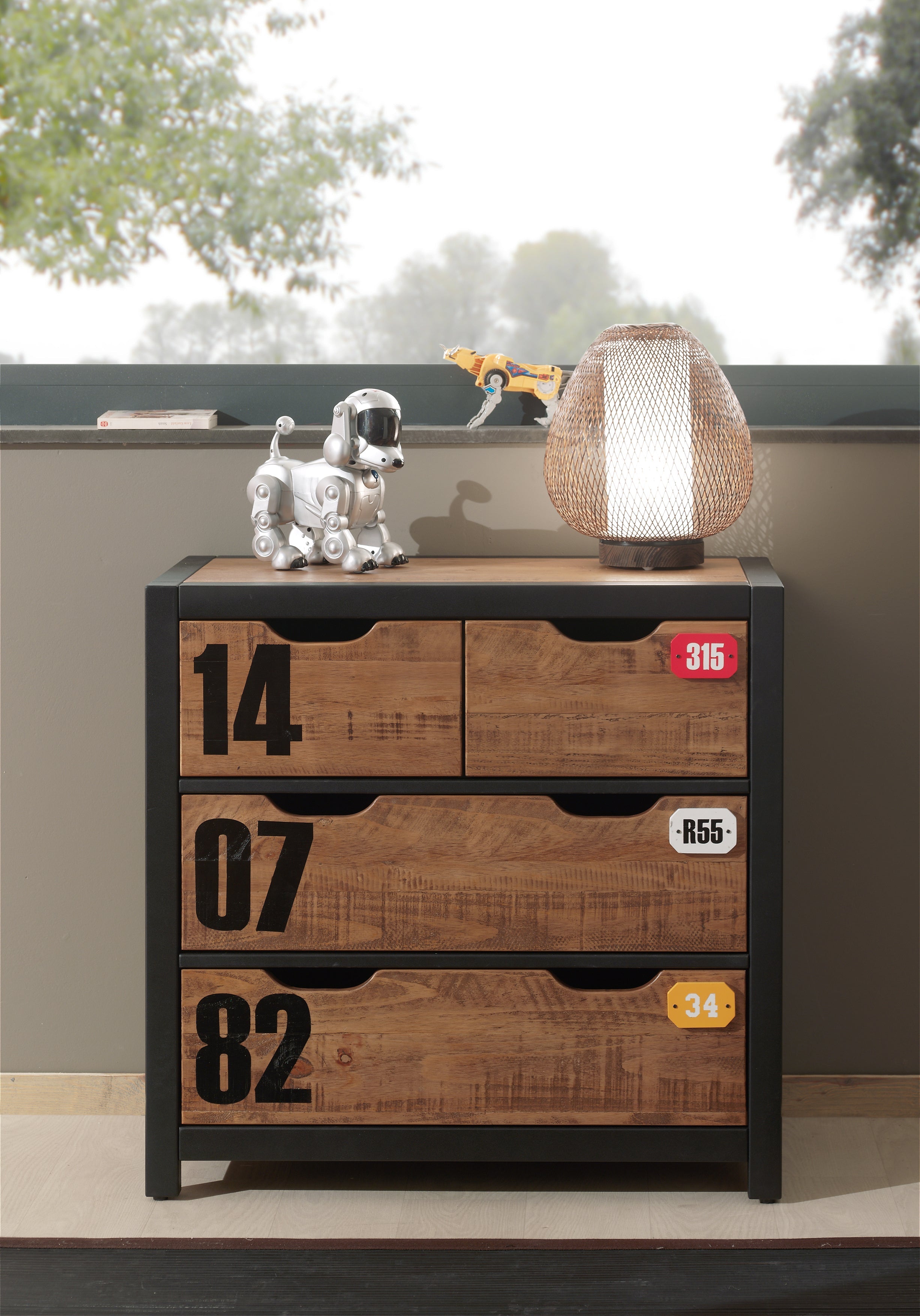 Vipack Alex Kids Bed With Bedside Drawers, Trundle, 3 Door Wardrobe, Chest Of Drawers, Desk & Bookcase - Black & Natural