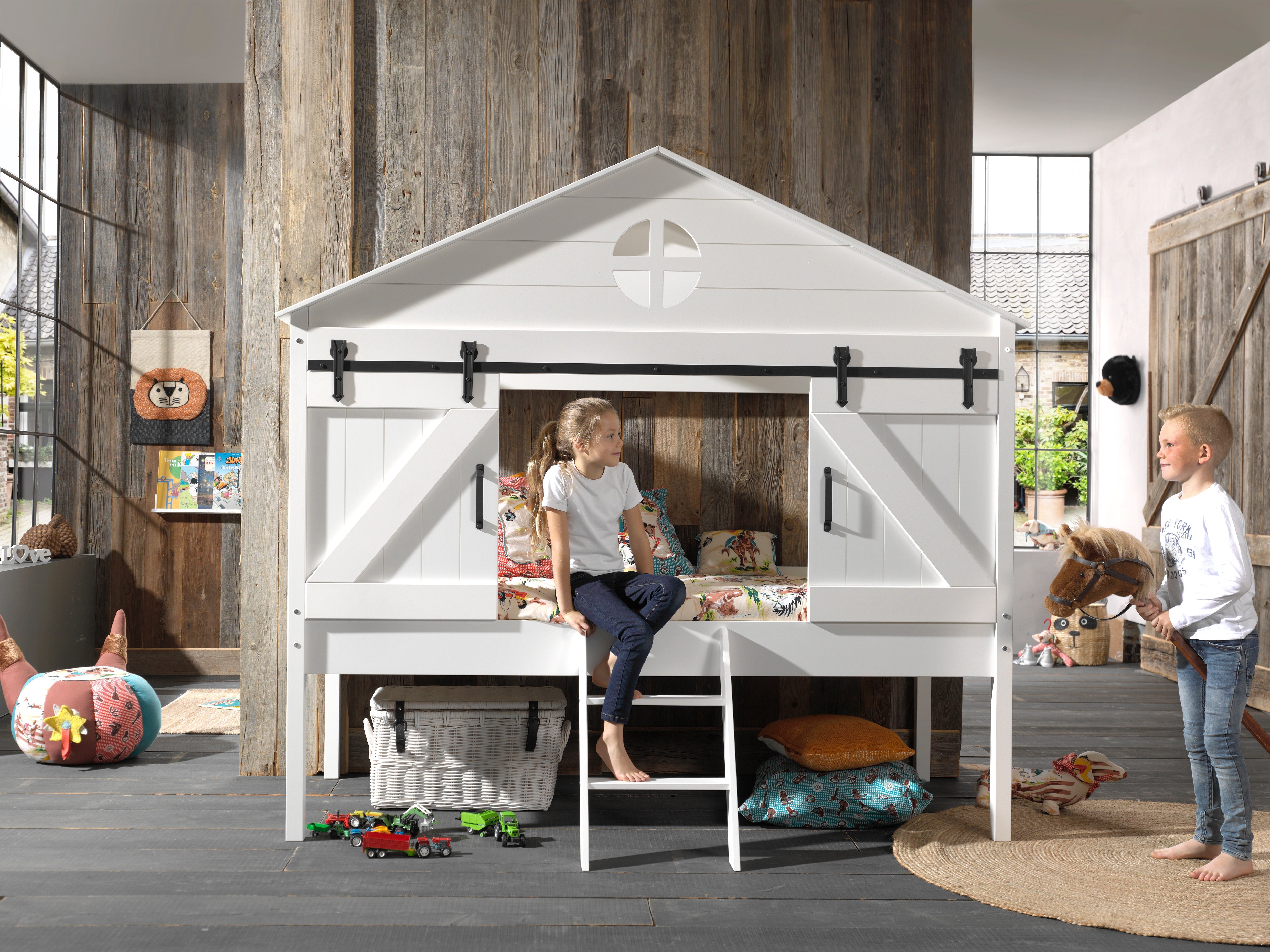 Vipack Barnie Mid Sleeper Kids Bed with Barn Doors & Slats - White
