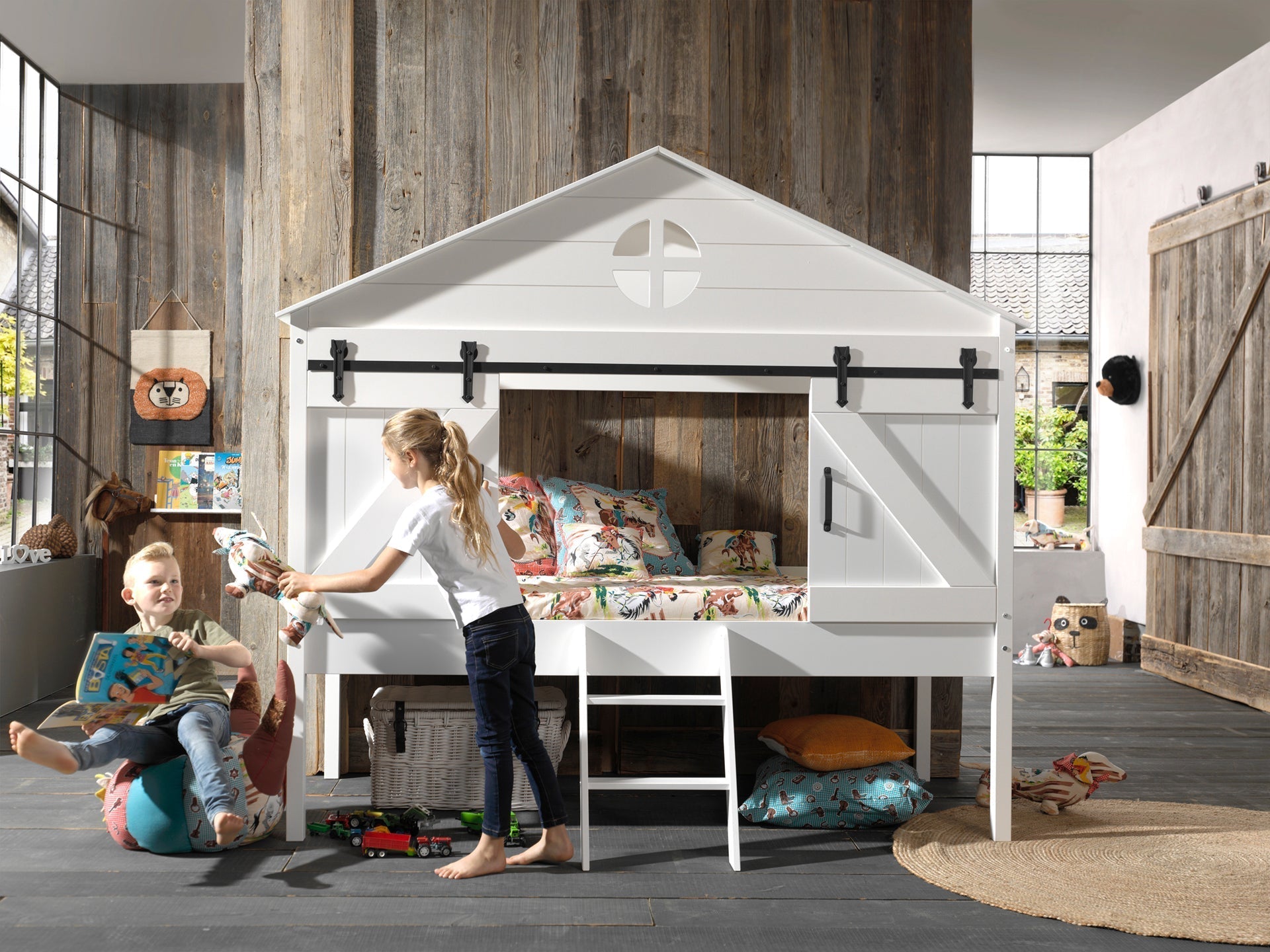 Vipack Barnie Mid Sleeper Kids Bed with Barn Doors - White