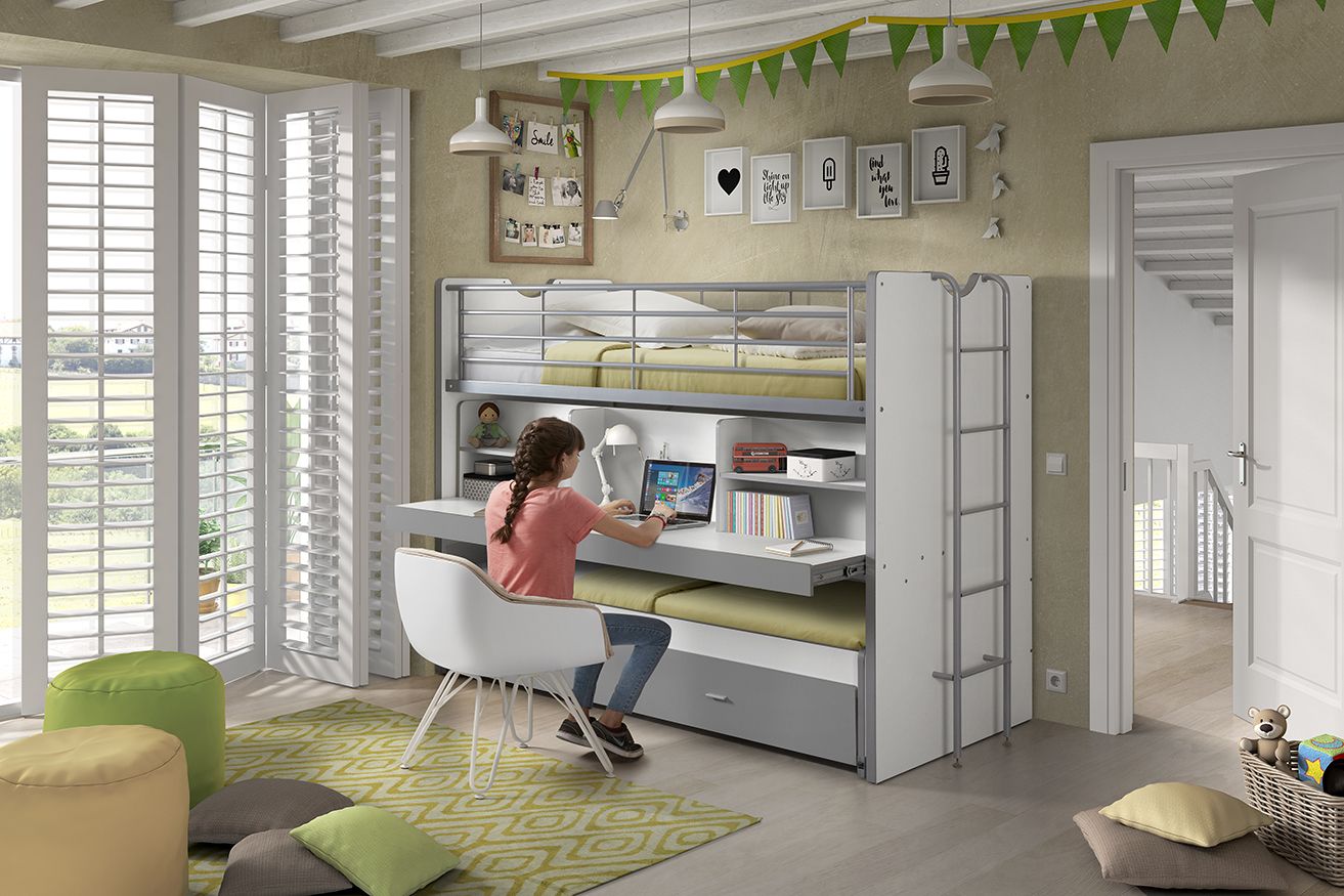 Vipack Bonny High Sleeper Kids Bed with Desk- Silver & White