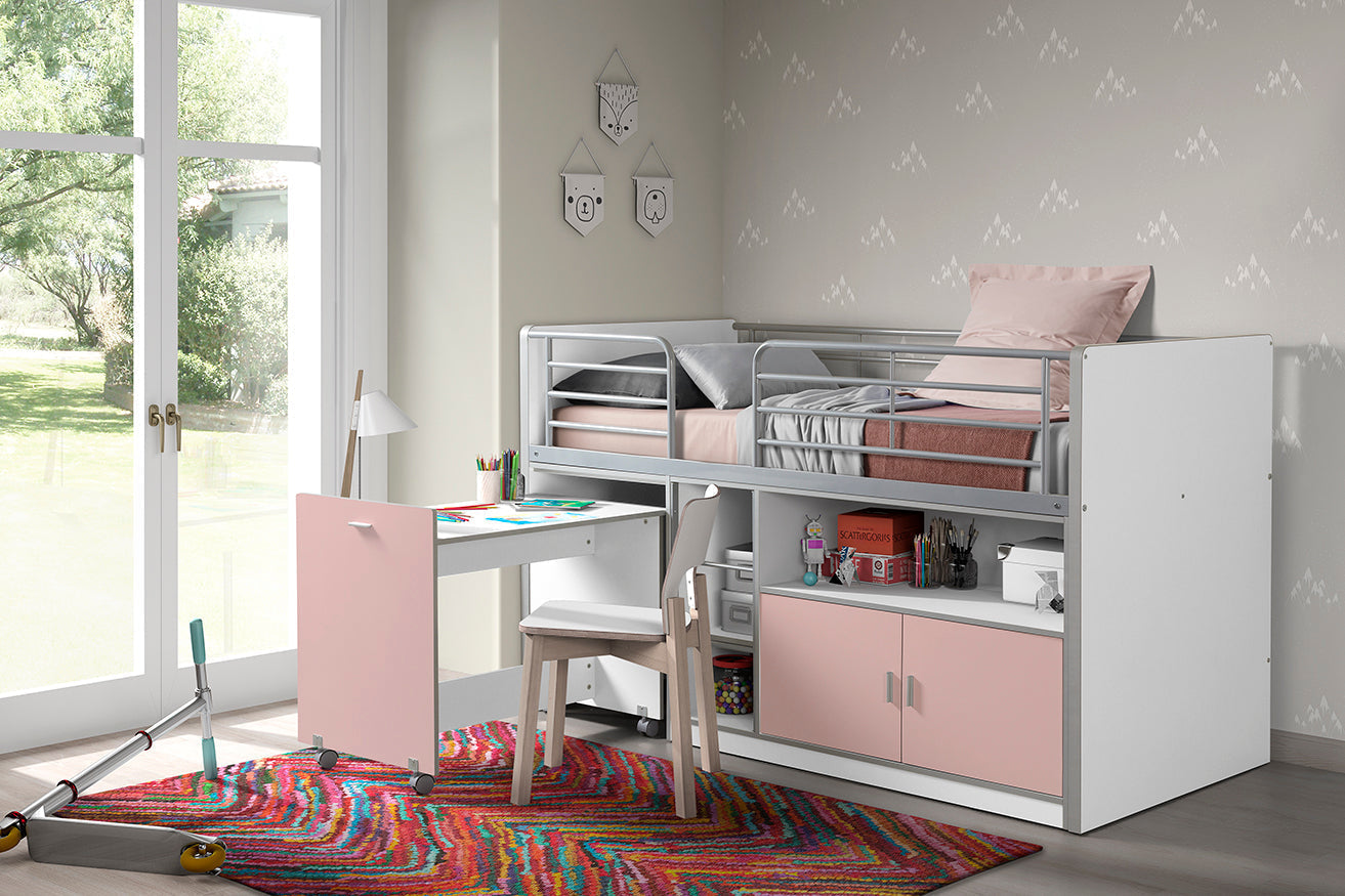Vipack Bonny Mid Sleeper Kids Bed with Desk & Storage - Light Pink