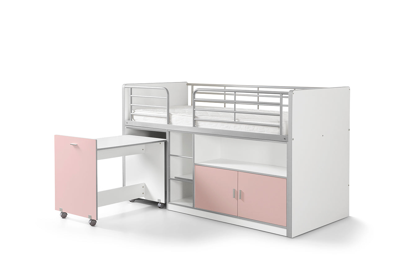 Vipack Bonny Mid Sleeper Kids Bed with Desk & Storage - Light Pink