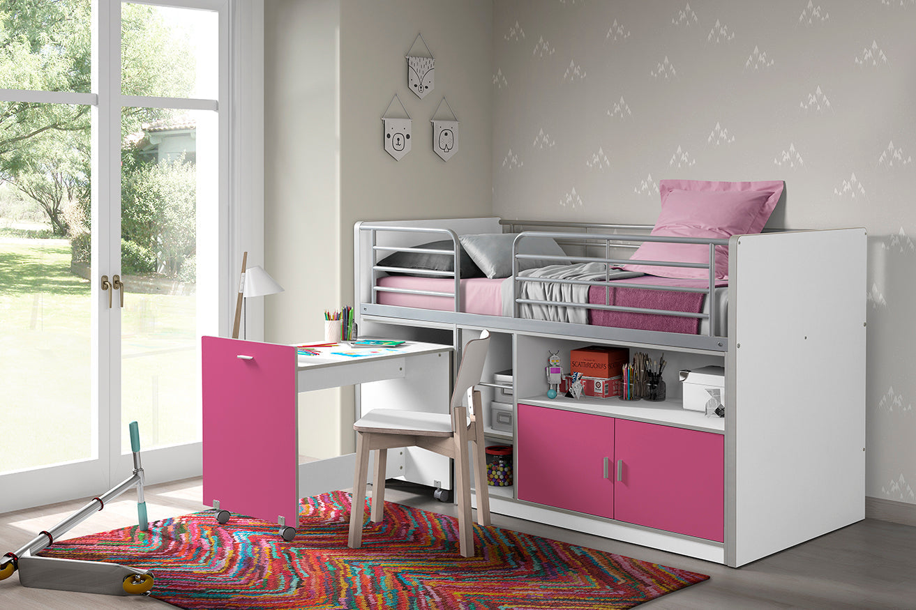Vipack Bonny Mid Sleeper Kids Bed with Desk & Storage - Fuchsia Pink