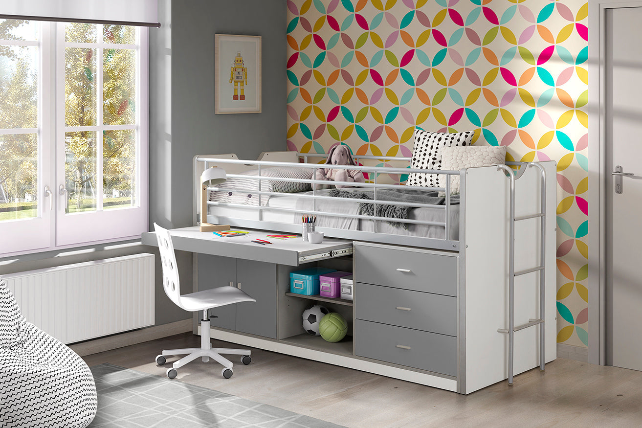 Vipack Bonny Mid Sleeper Kids Bed with Desk & Storage - Silver/Grey