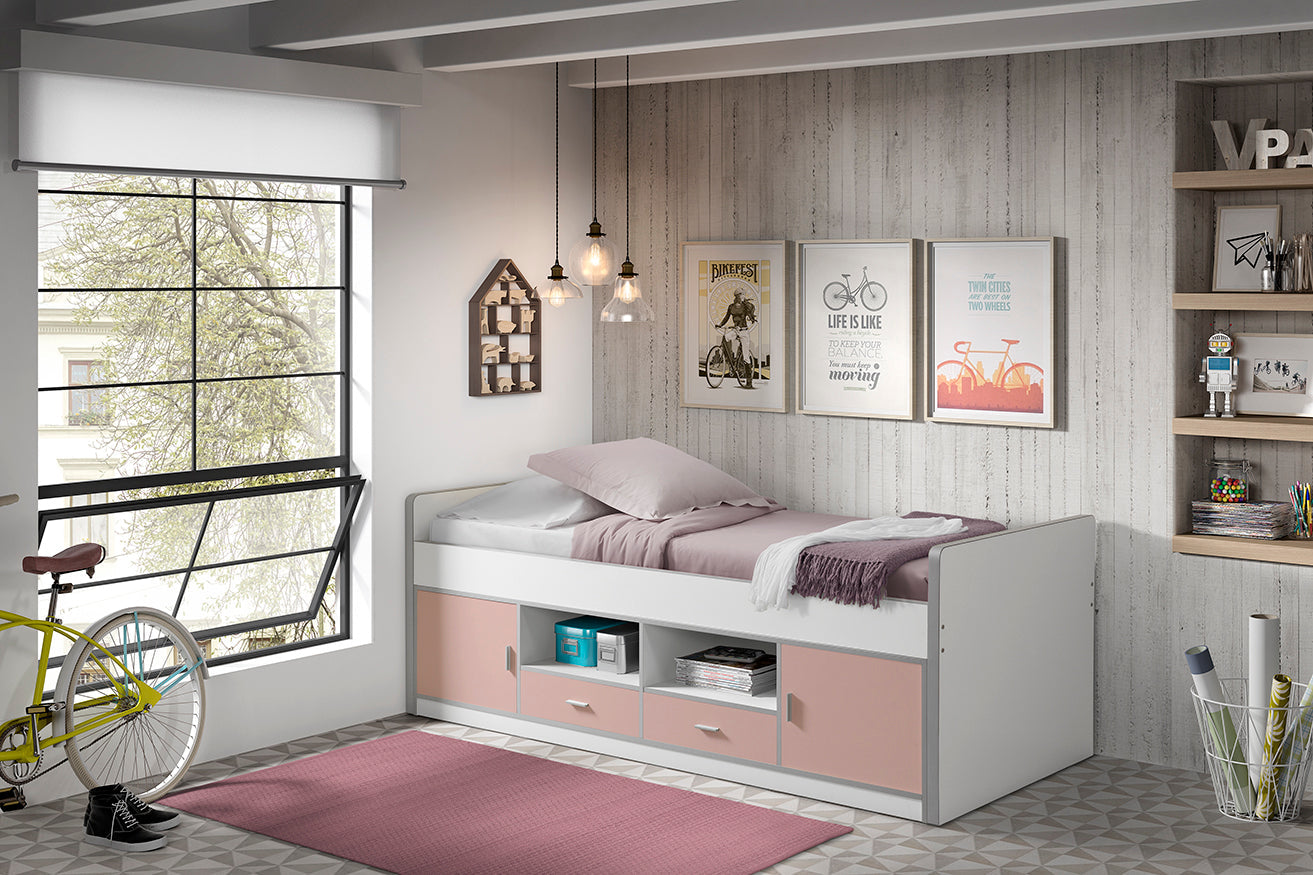 Vipack Bonny Mid Sleeper Kids Bed With Storage & Slatted Frame - Light Pink