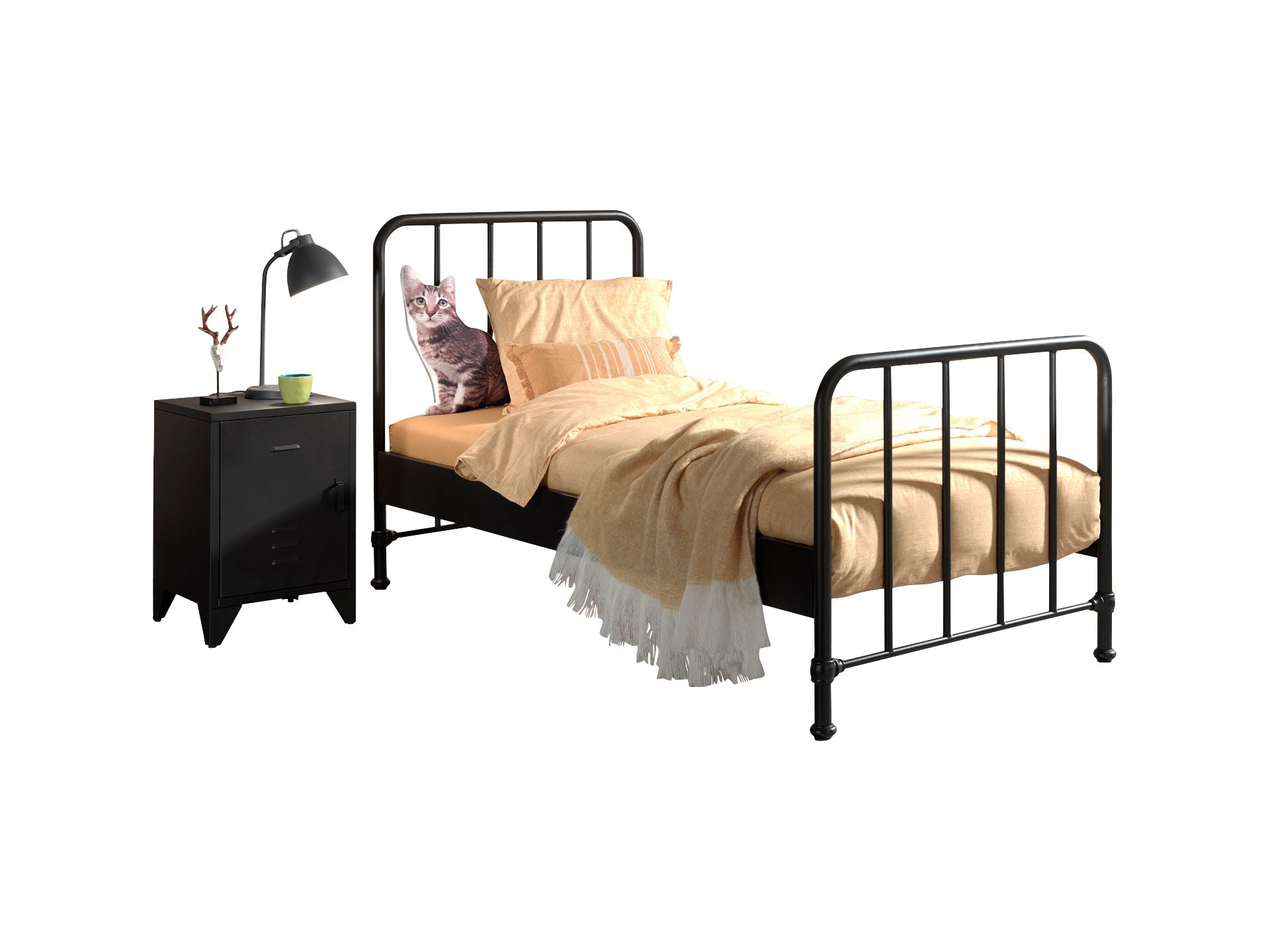 Vipack Bronxx Kids Single Metal Bed with Bedside Locker - Black