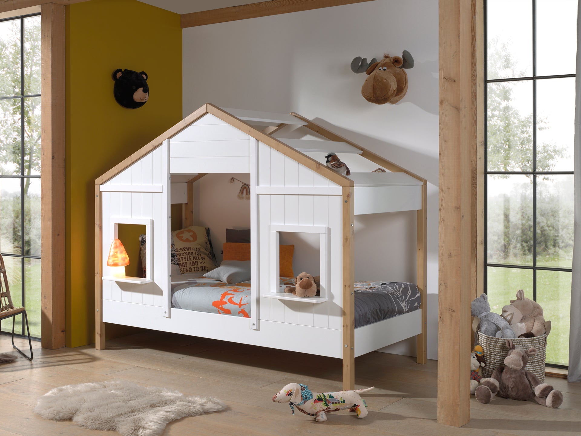 Vipack Babs Kids House Bed With Trundle - White & Natural