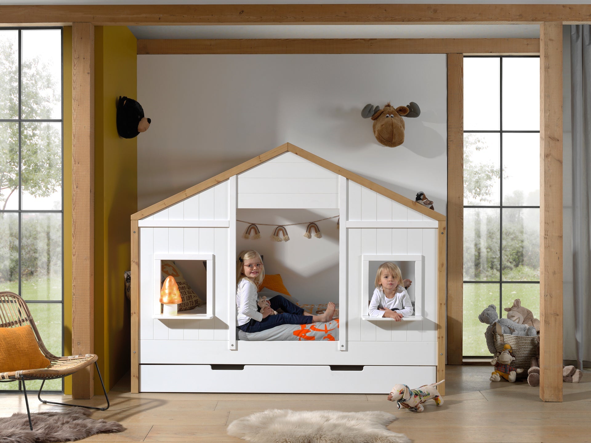 Vipack Babs Kids House Bed With Trundle - White & Natural