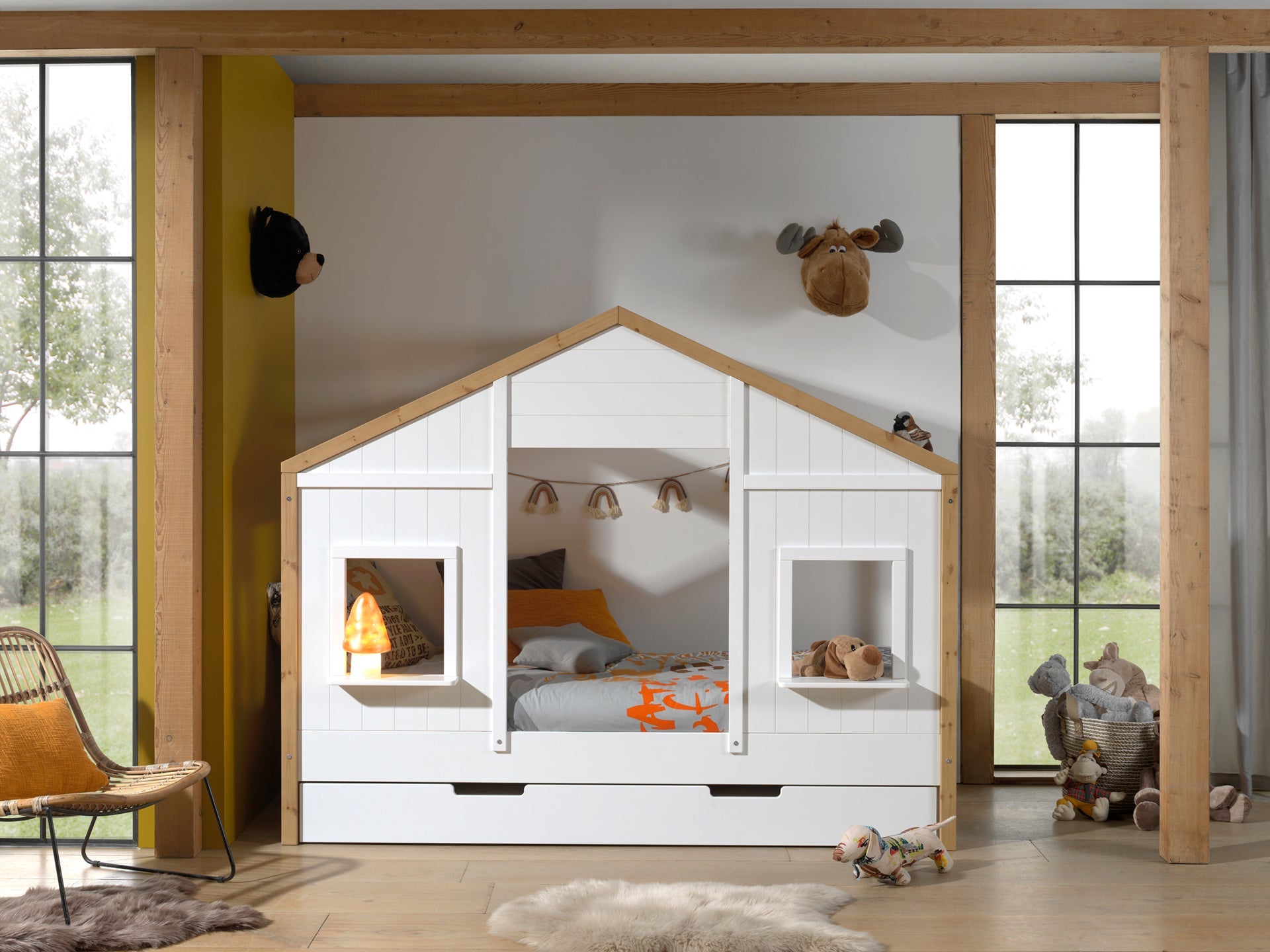 Vipack Babs Kids House Bed With Trundle - White & Natural